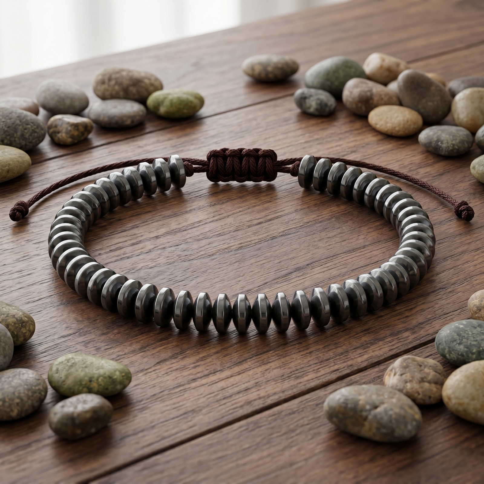 Natural Hematite Disc Bead Bracelet Adjustable Macrame Grounding Protection