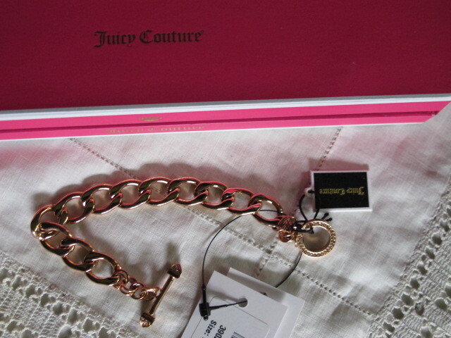 Juicy Couture chain BRACELET 18ct rose gold plated links diamante tbar+ring bnib