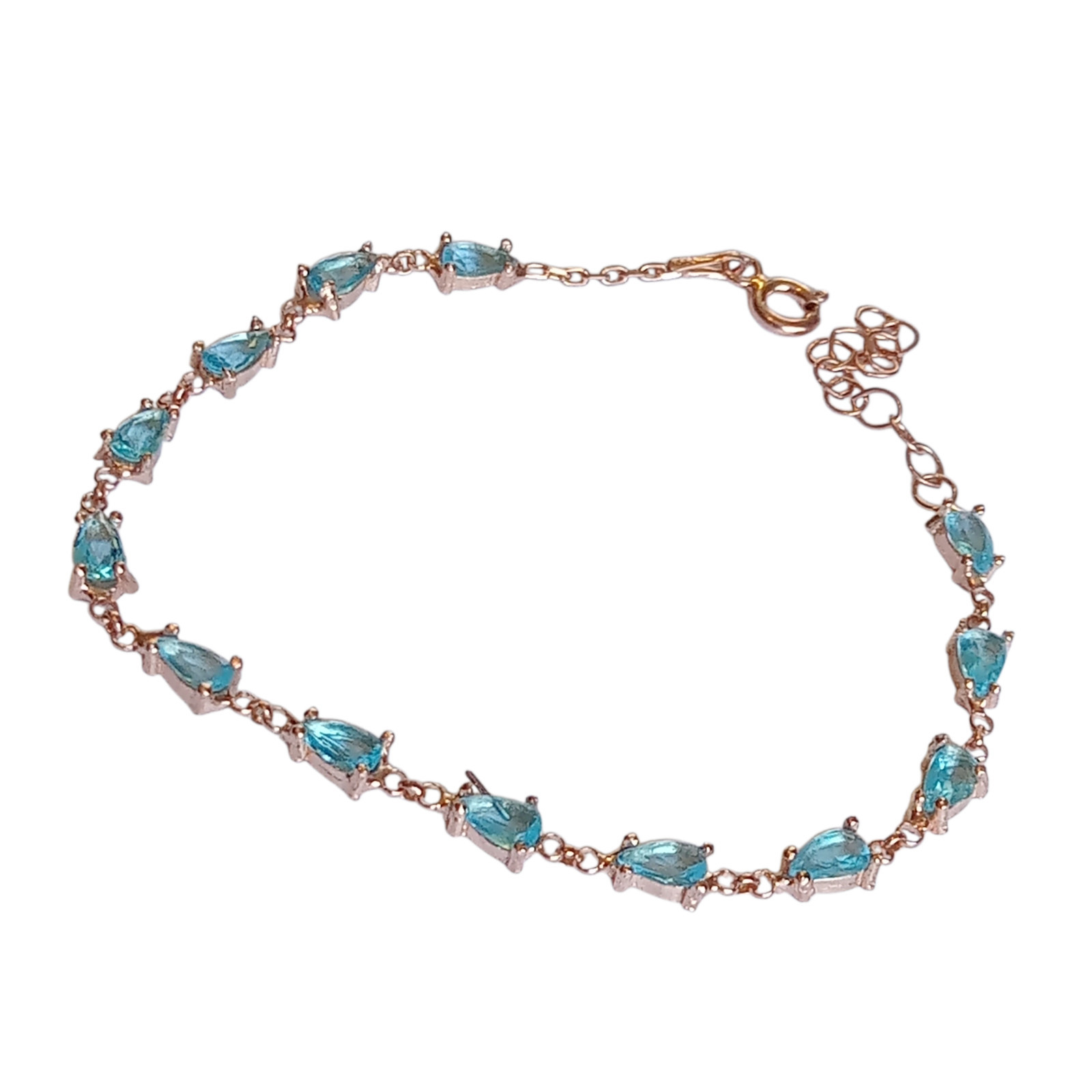 Rose Gold 925 Sterling Silver Turkish Handmade Teardrop Aquamarine Bracelet