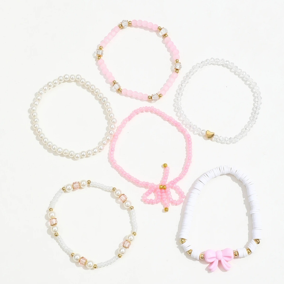 6Pcs Pearl Bow Heart Beaded Bracelet Set Cute Sweet Jewelry for Women