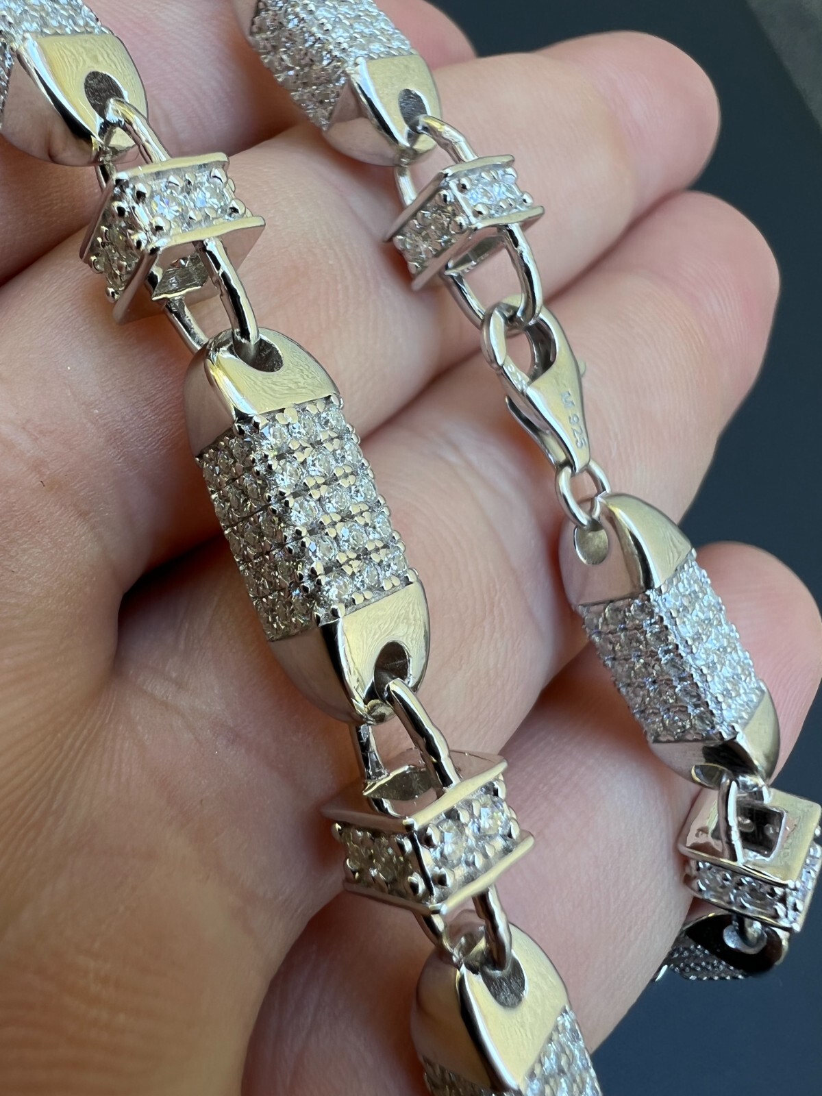 MOISSANITE Men’s Bullet Chain Real 925 Silver Iced Flooded Out Hip Hop Bracelet