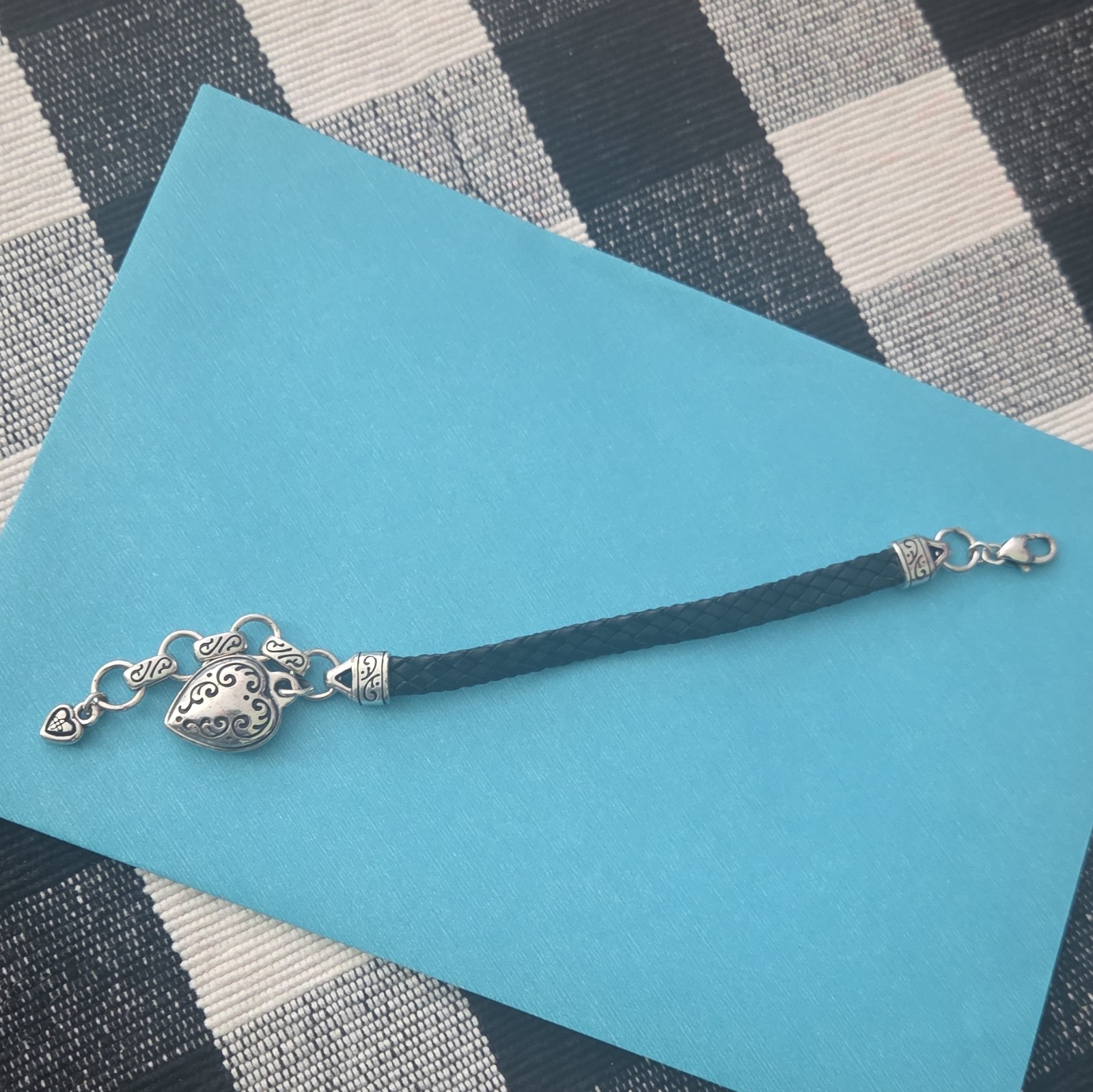 Braided Black Leather Bracelet Silver-Tone Heart Dangle Charm Lobster Clasp