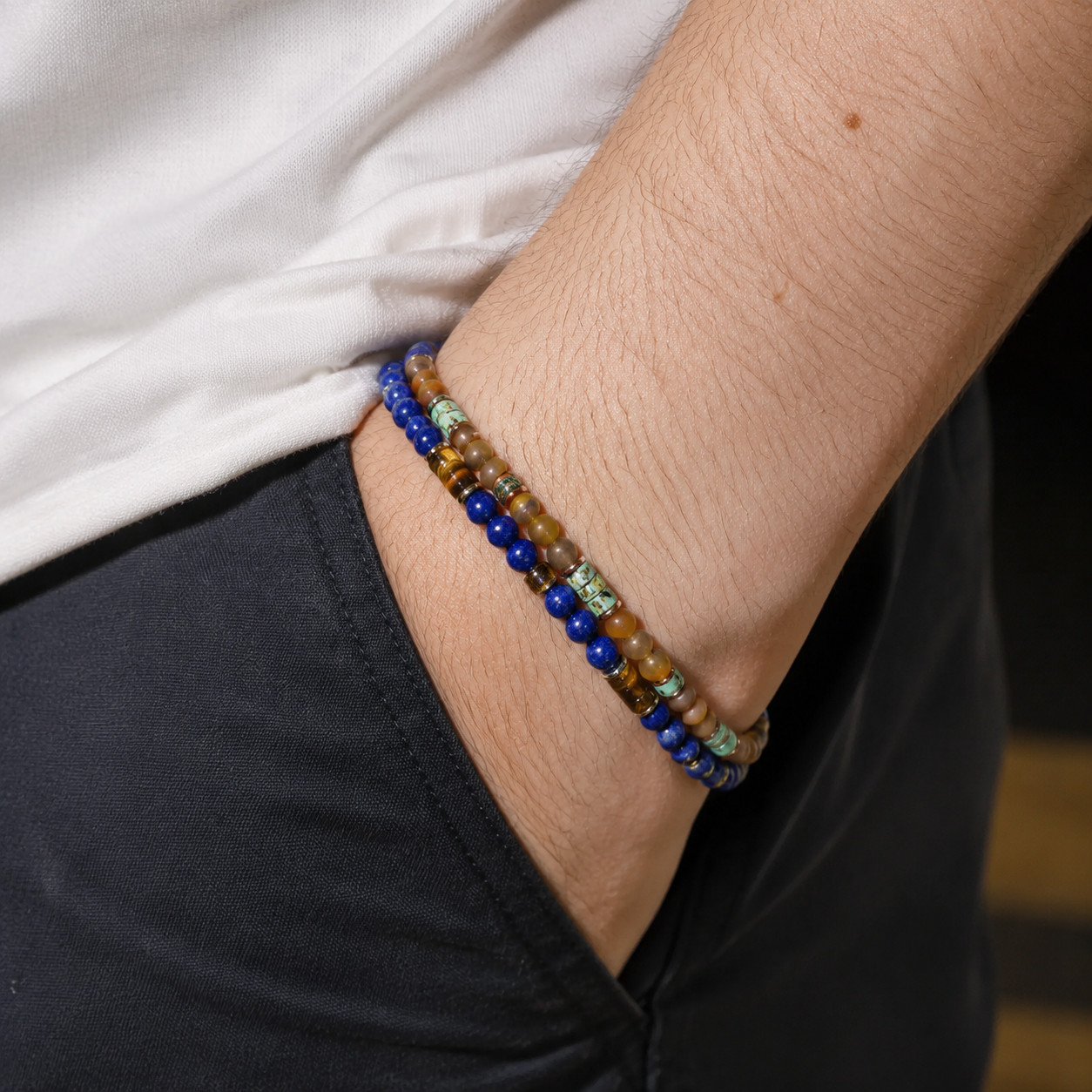 Natural Lapis Lazuli Tiger Eye Bracelet 4mm Beaded Healing Protection Bracelet