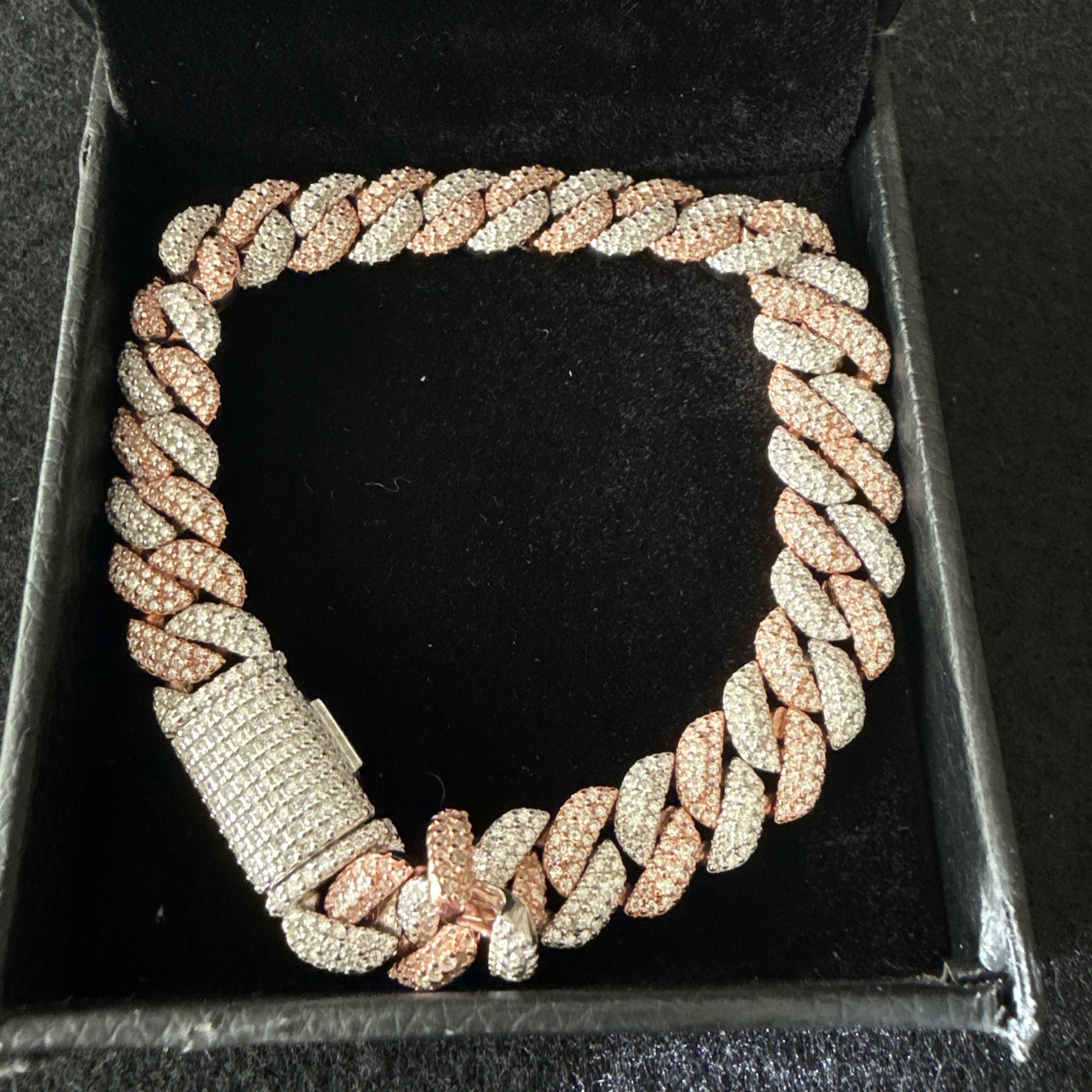 MOISSANITE Real Miami Cuban Link Prong Bracelet 14k Rose Gold Plated 925 Silver