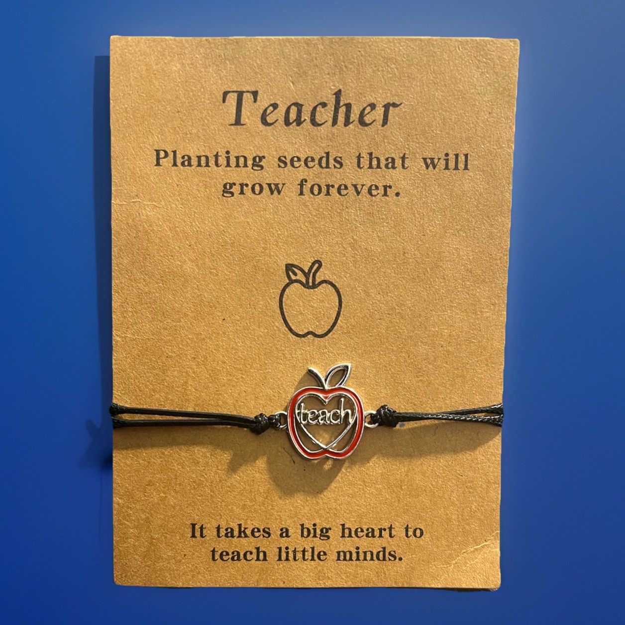 Teacher Apple Dangle Charm Bracelet Black Adjustable Cord Tie Enamel Metal