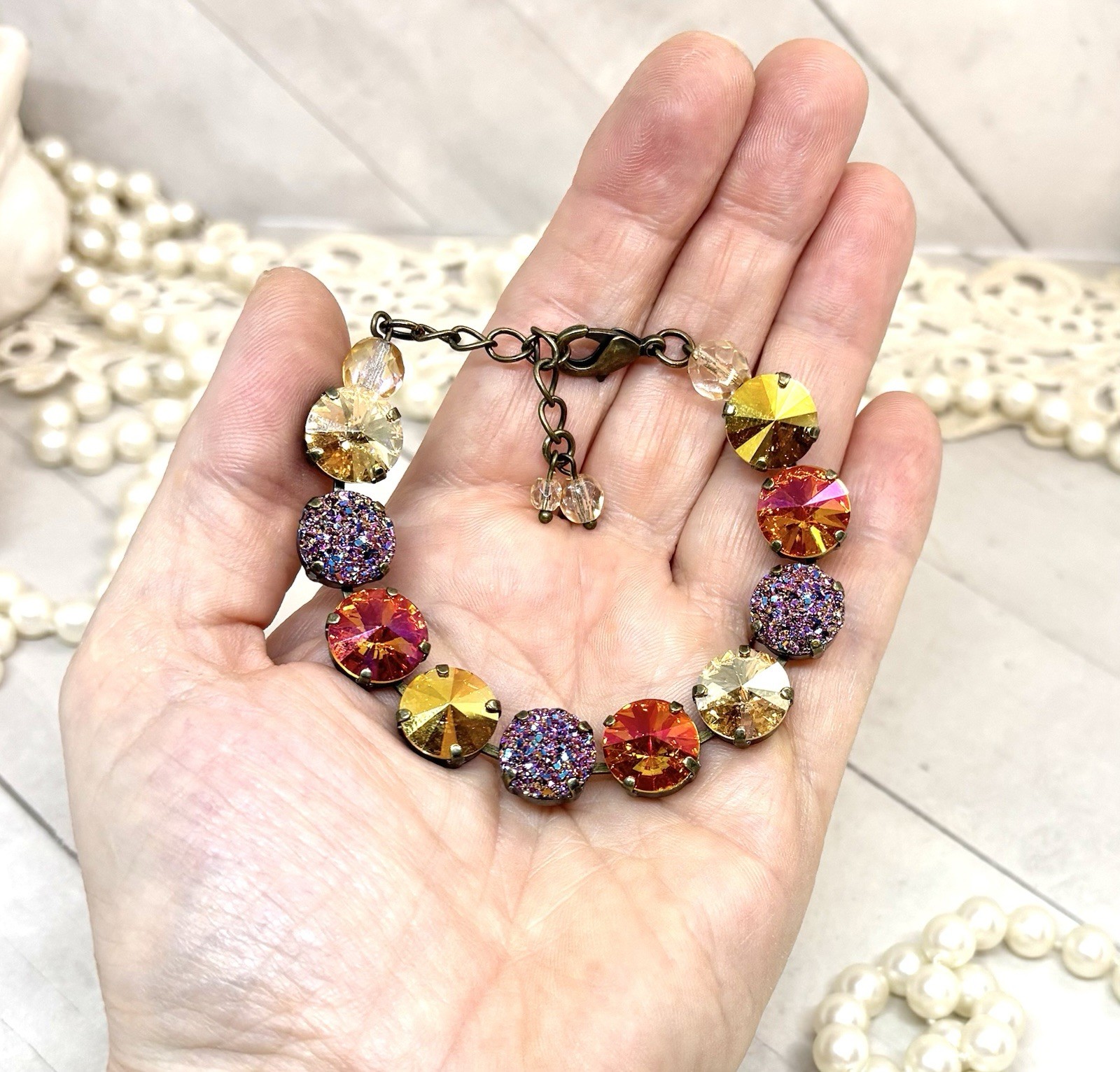 Brass Plated Orange Glitter Cup Chain Bracelet made with Metallic Gold Crystals