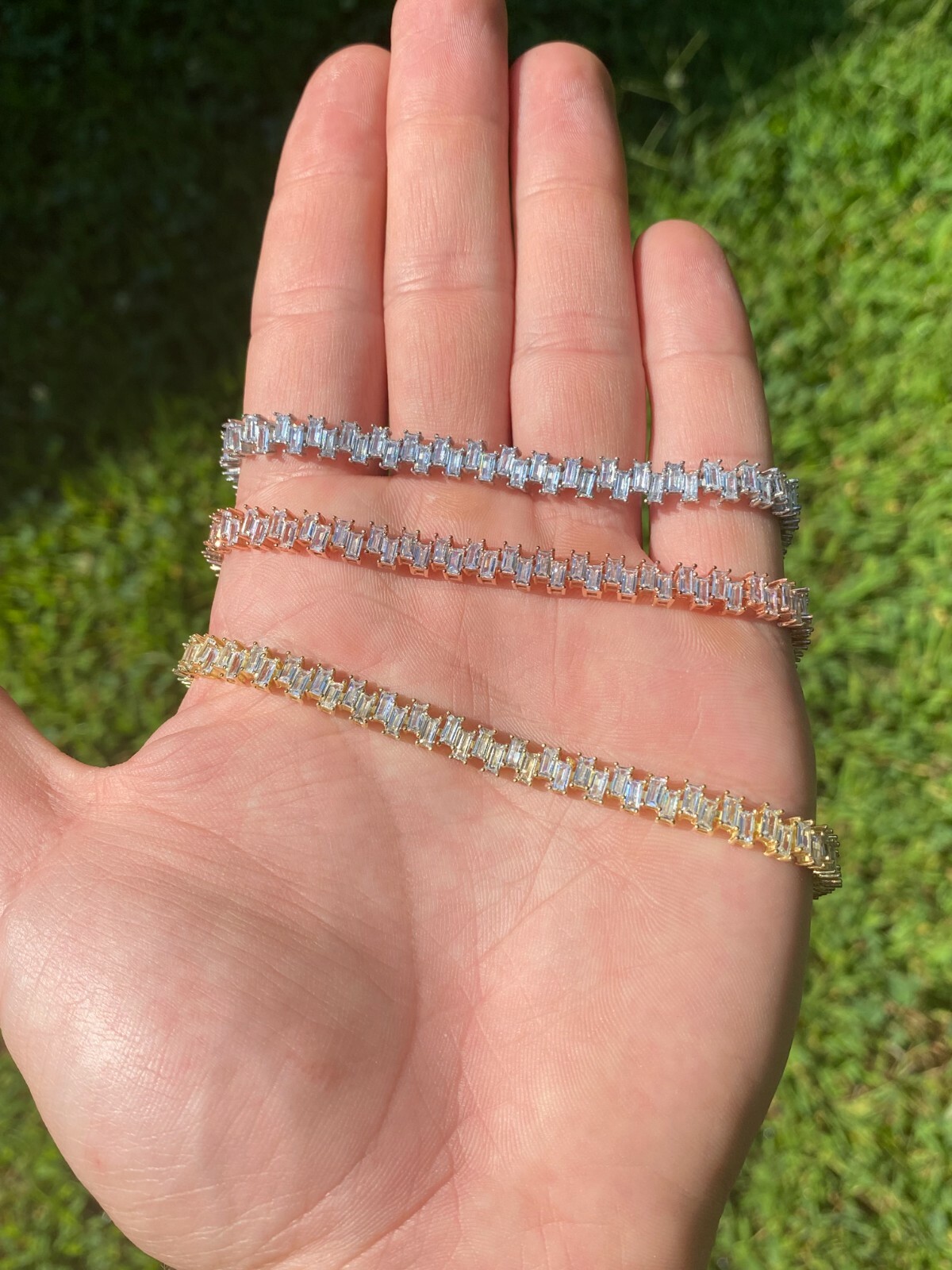Real 925 Silver Yellow Rose Gold Plated Baguette Tennis CZ Ladies Bracelet 6mm