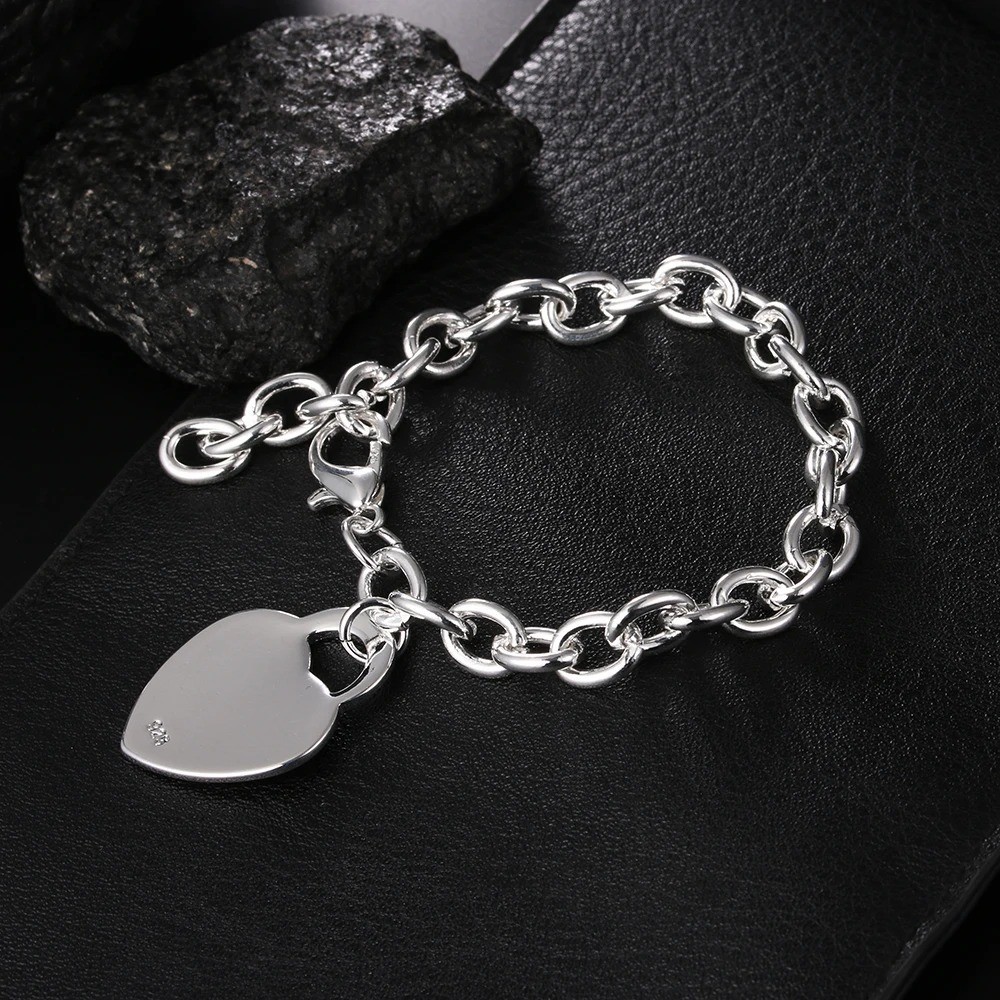 925 Sterling Silver Heart Pendant Thick Chain Bracelet Women Fashion Jewelry