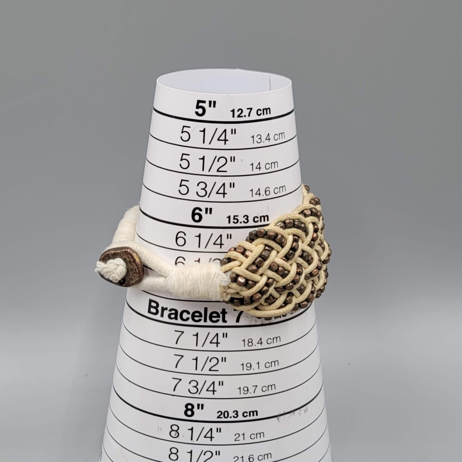 African Wrap Cuff Brass Bead Bracelet Tan Cord Button Closure 6.5″