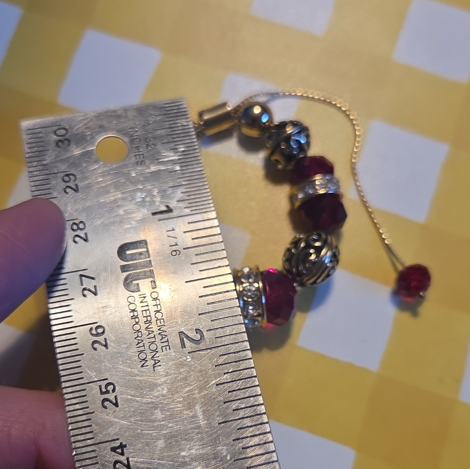 Red Glass Rondelle Beaded Bracelet Gold Tone Rhinestone Snake Chain Adjustable