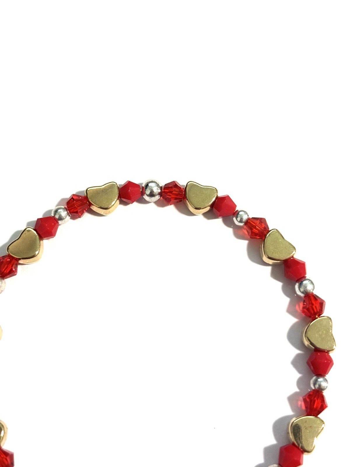 Red Crystal Round Beaded Bracelet with Gold/Silver-Tone Heart beads