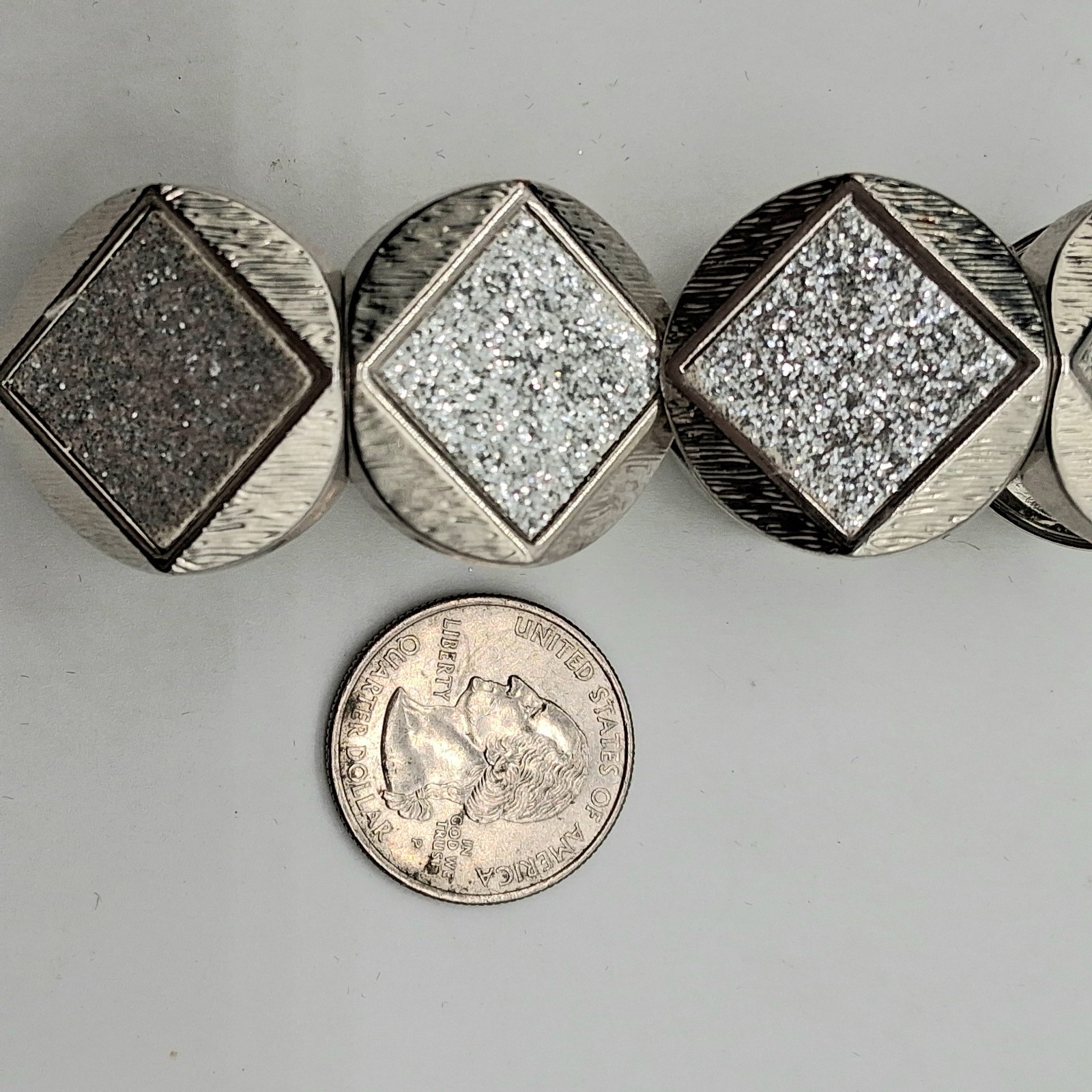Silvertone Stretch Bracelet Geometric Panels Glitter Embellishments Textured