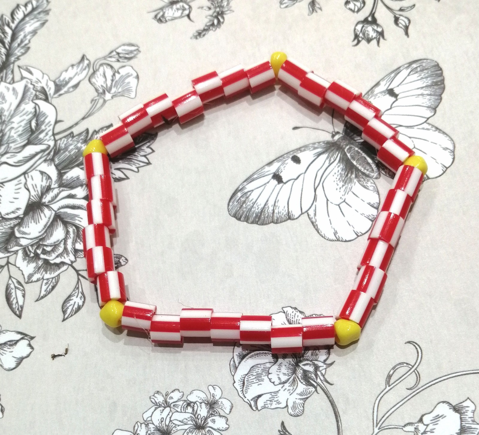 Red White Plastic Stripey & Yellow Glass Seed Bead Stacking Bracelet