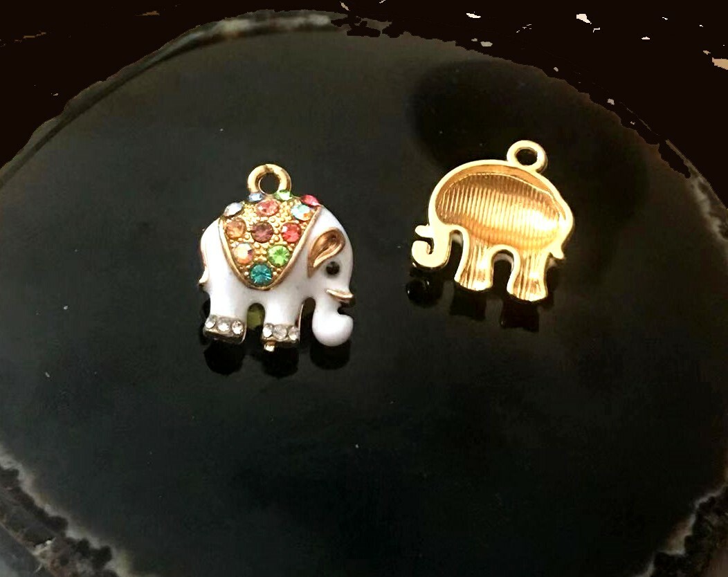 2 Elephant Goldplated Enamel Metal and Multi-Colored Rhinestones Pendant Charms