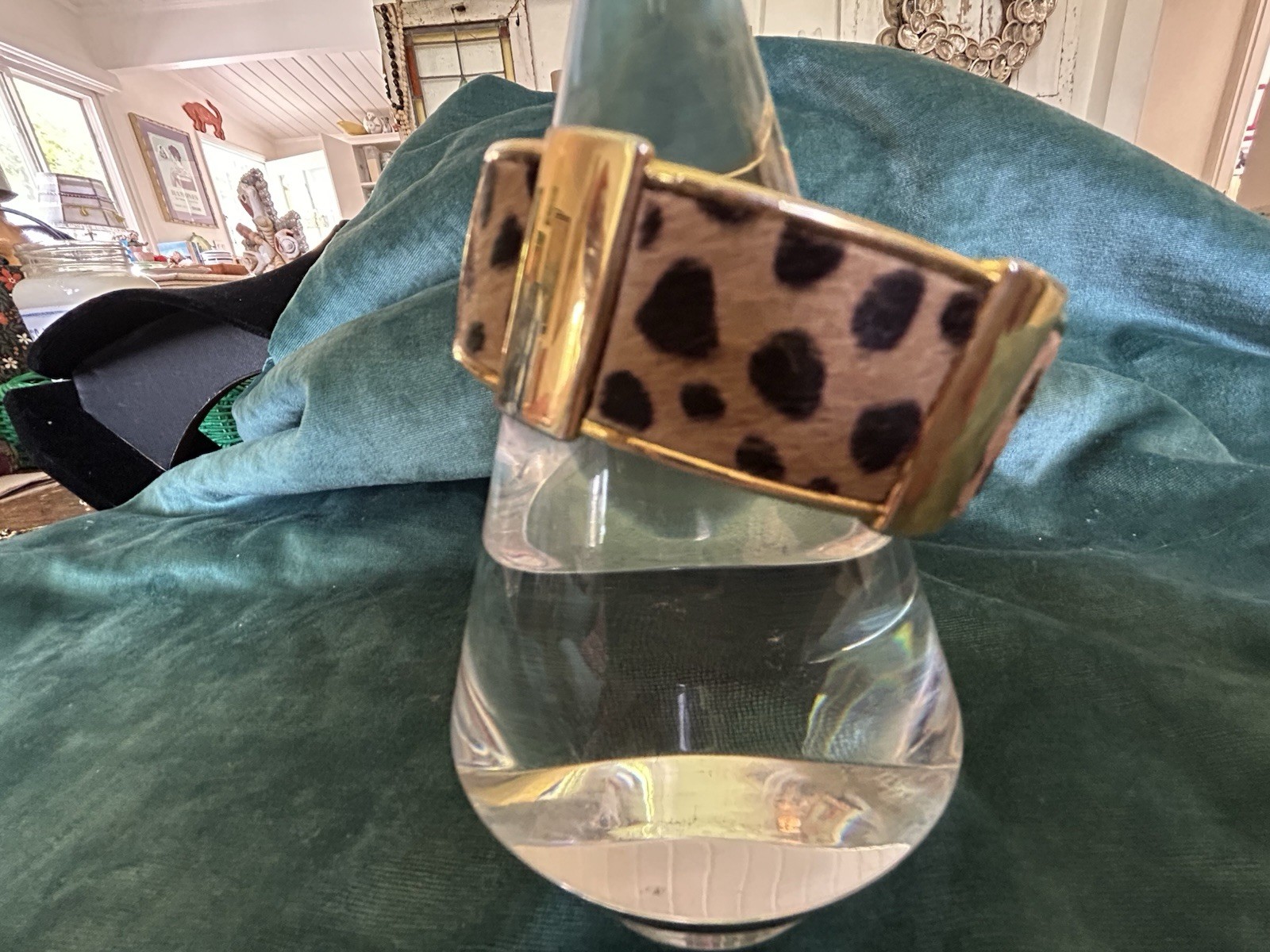 J.CREW Gold Tone Leopard Faux Hair Inlay Hinged Cuff Bangle Bracelet