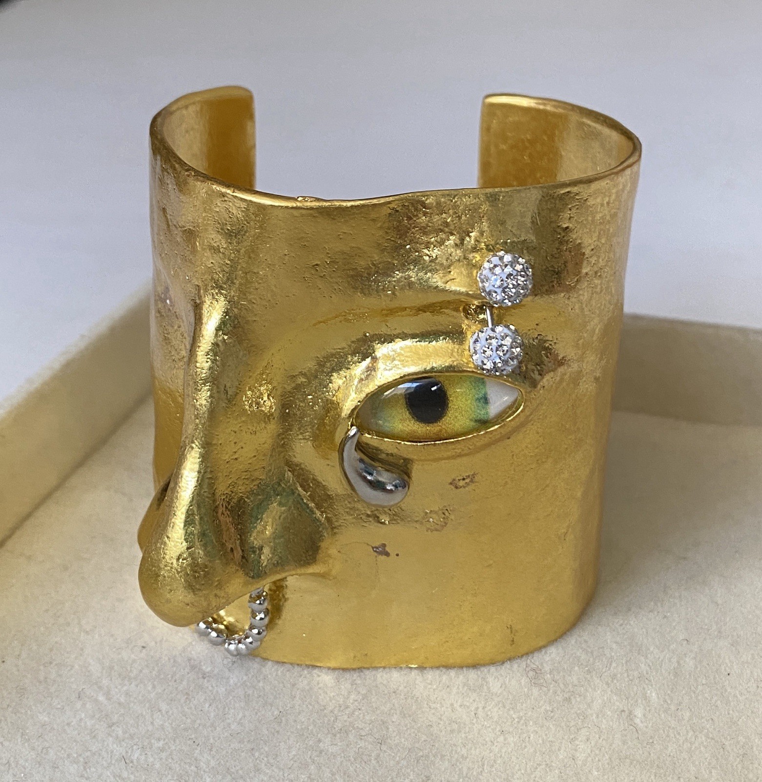 Schiaparelli Style Large Quirky Heavy Gold Tone Face Cuff Bangle