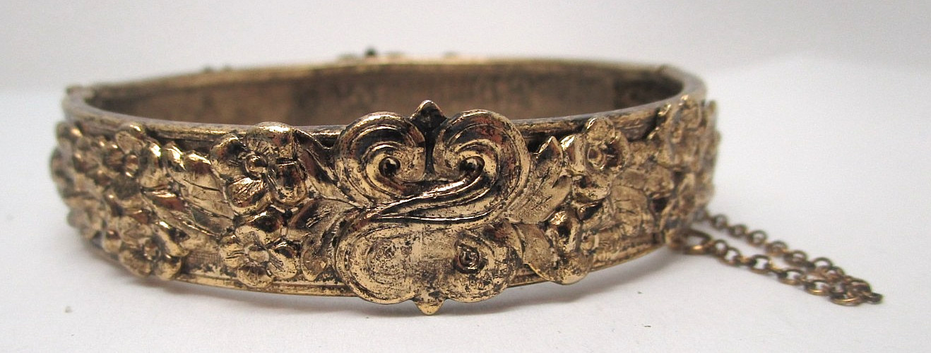 Antique Gold Tone Textured Bangle with Safety Chain