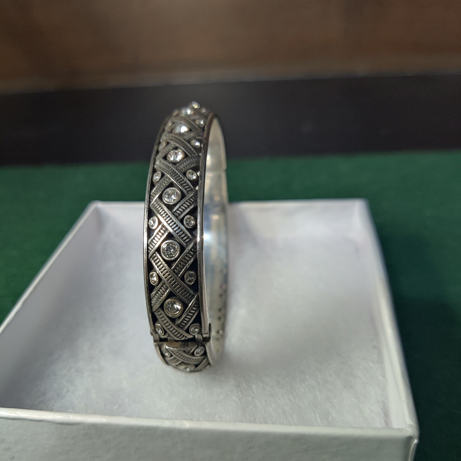 Brighton Silver Tone Hinged Bangle Bracelet Crystal Lattice Scroll Design