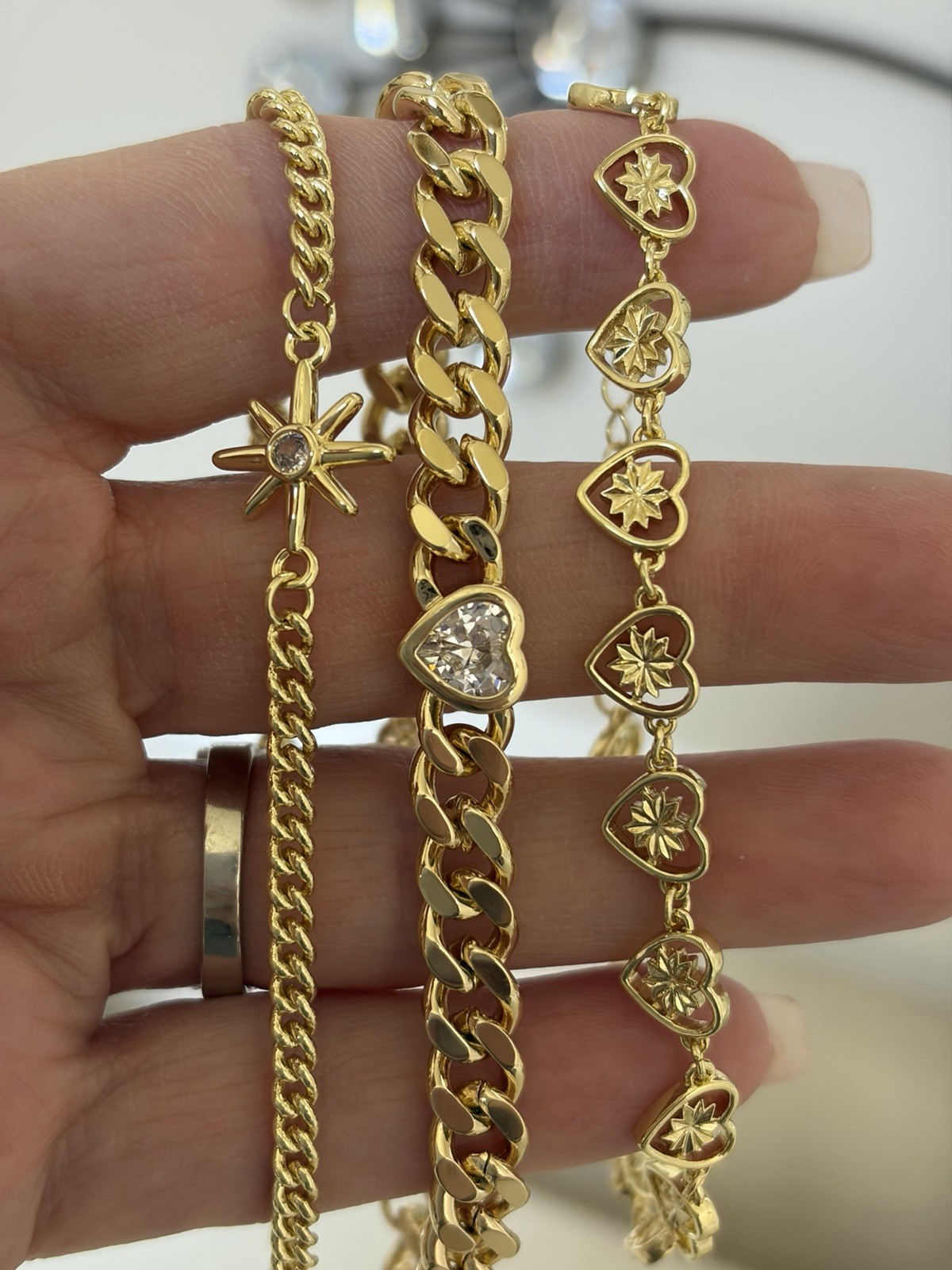Lot of 3 Gold Tone Cuban Link Chain Bracelets Heart Dangle Clear Crystal