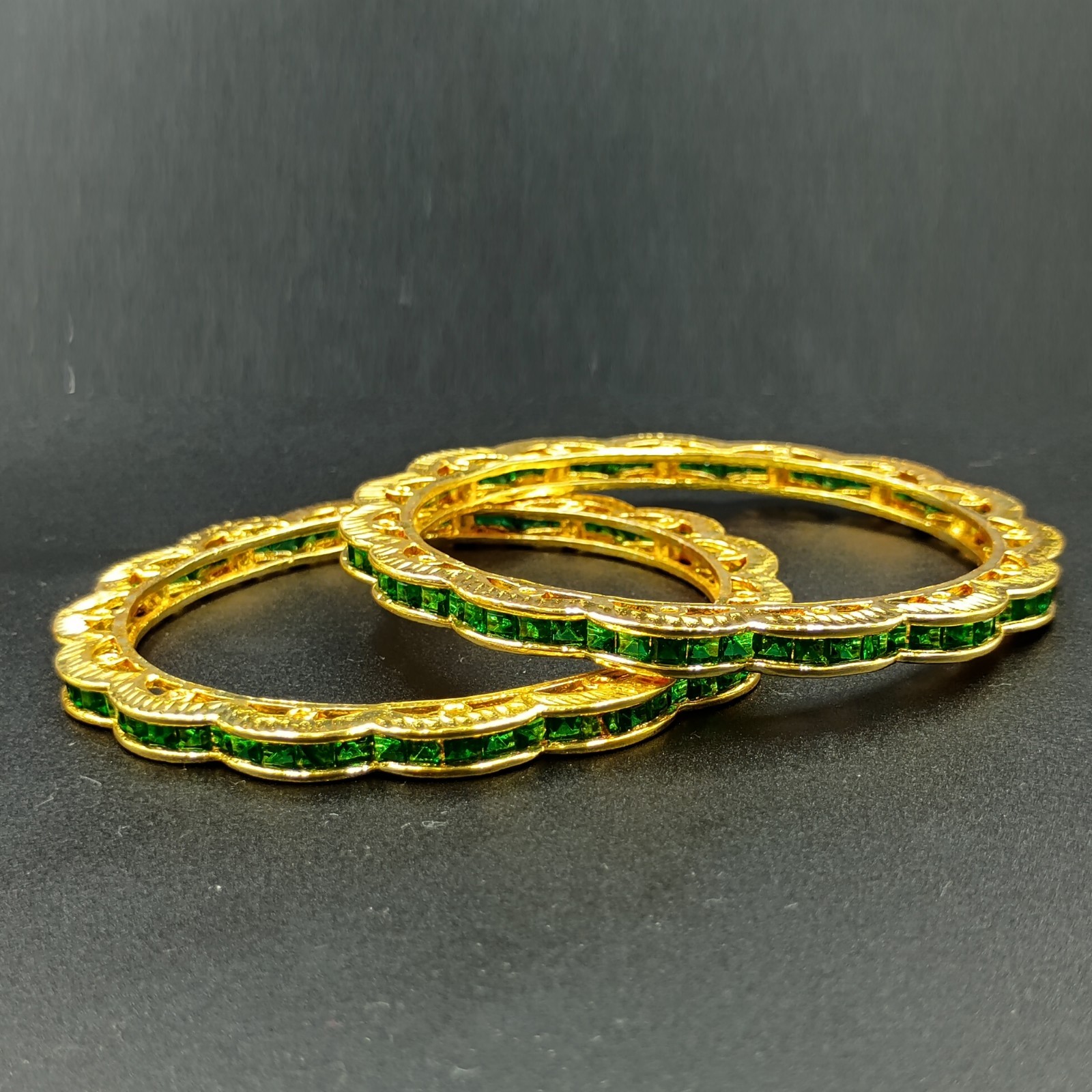 Handcrafted 22K Gold Over Brass Emerald Bangles Set Women Vintage Style Bracelet