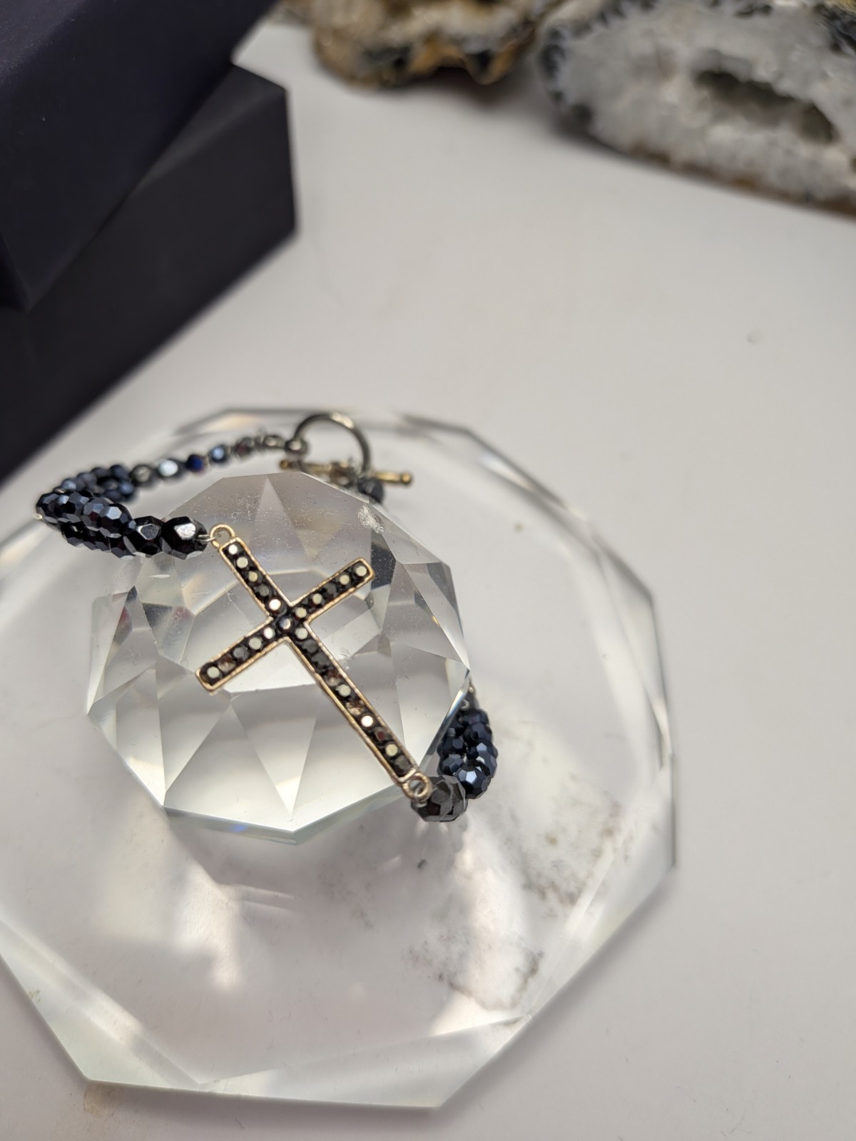 Blue Round Crystal Beaded Bracelet, Hematite and silver Tone Cross Dangle Charm