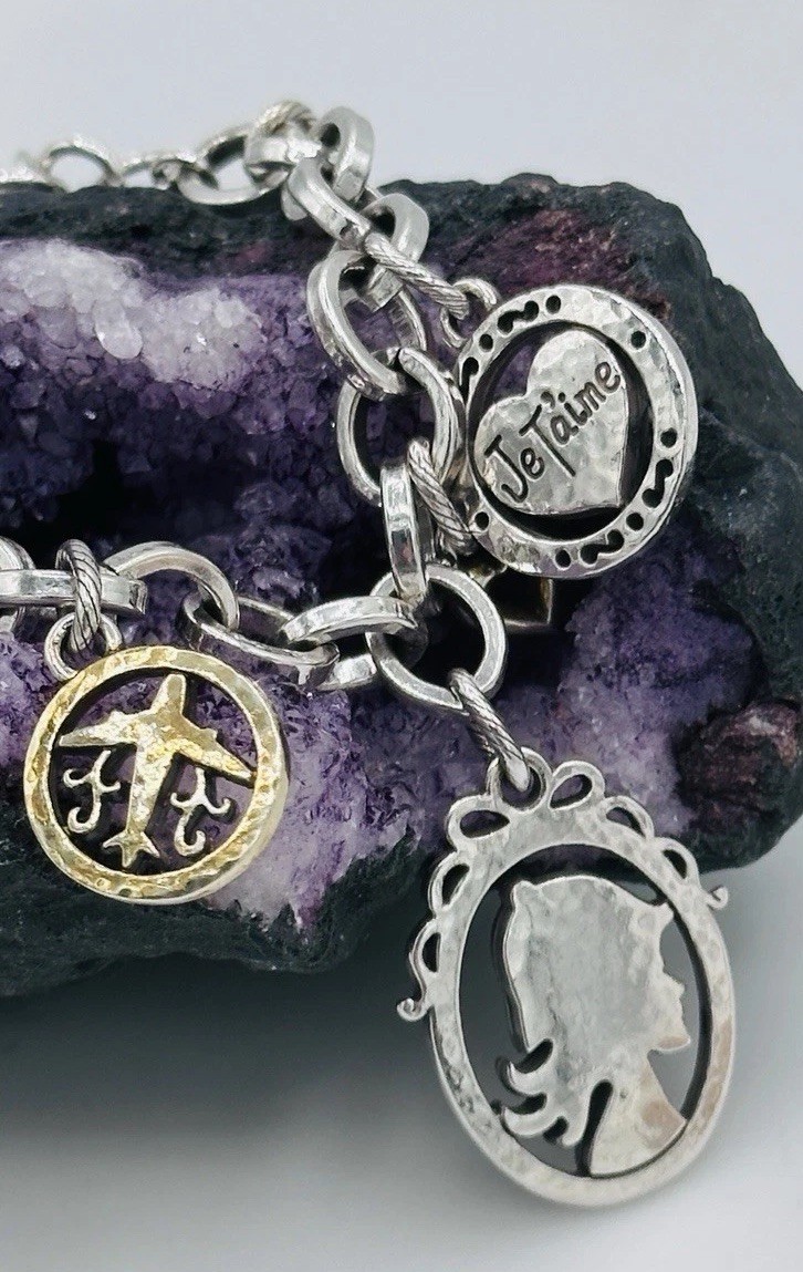 Brighton Paris Love Charm Bracelet Two Tone Heart Rose Cat Retired