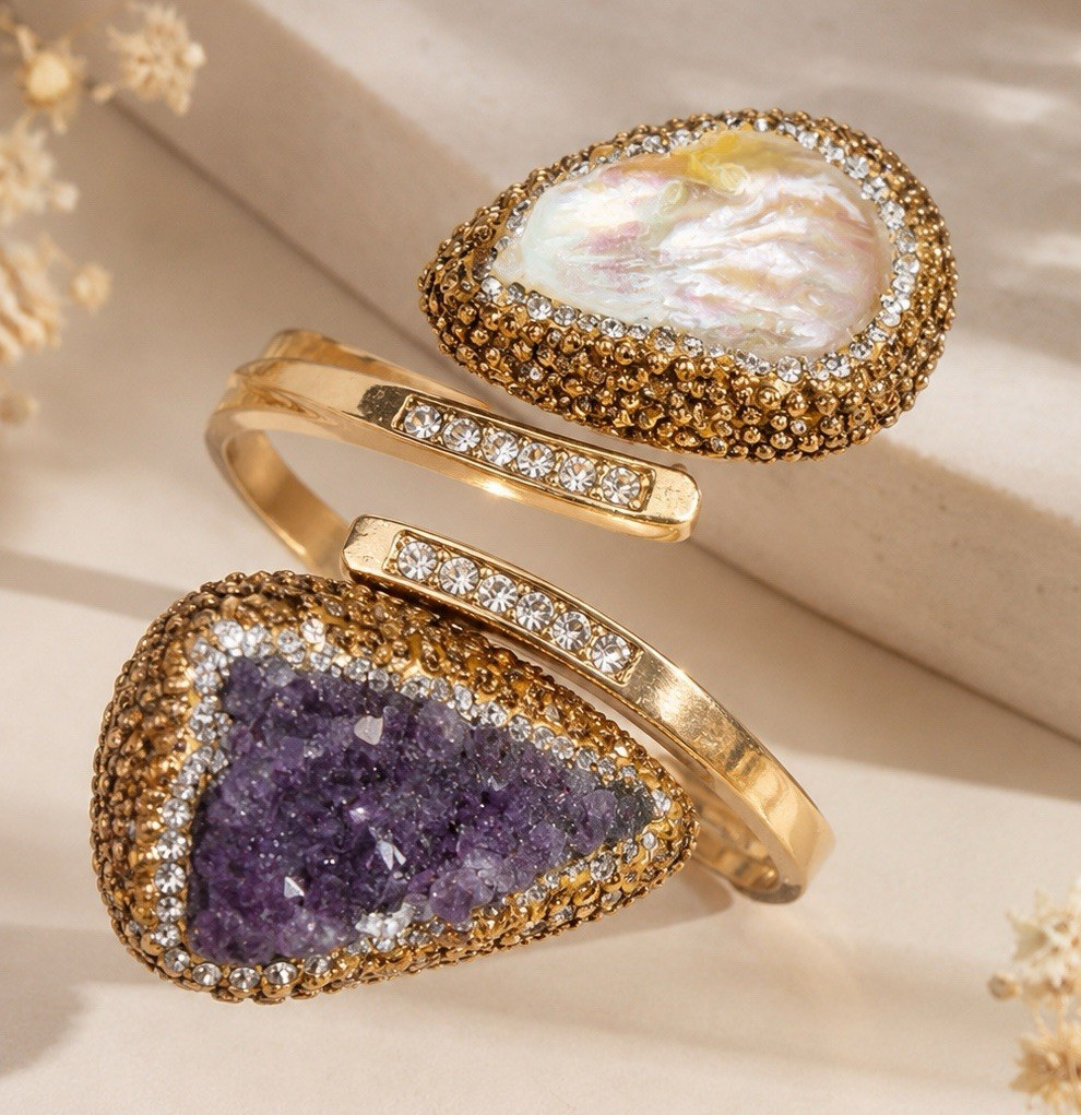 Natural Baroque Pearl and purple Quartz Stone Accents Cuff Bangle Bracelet