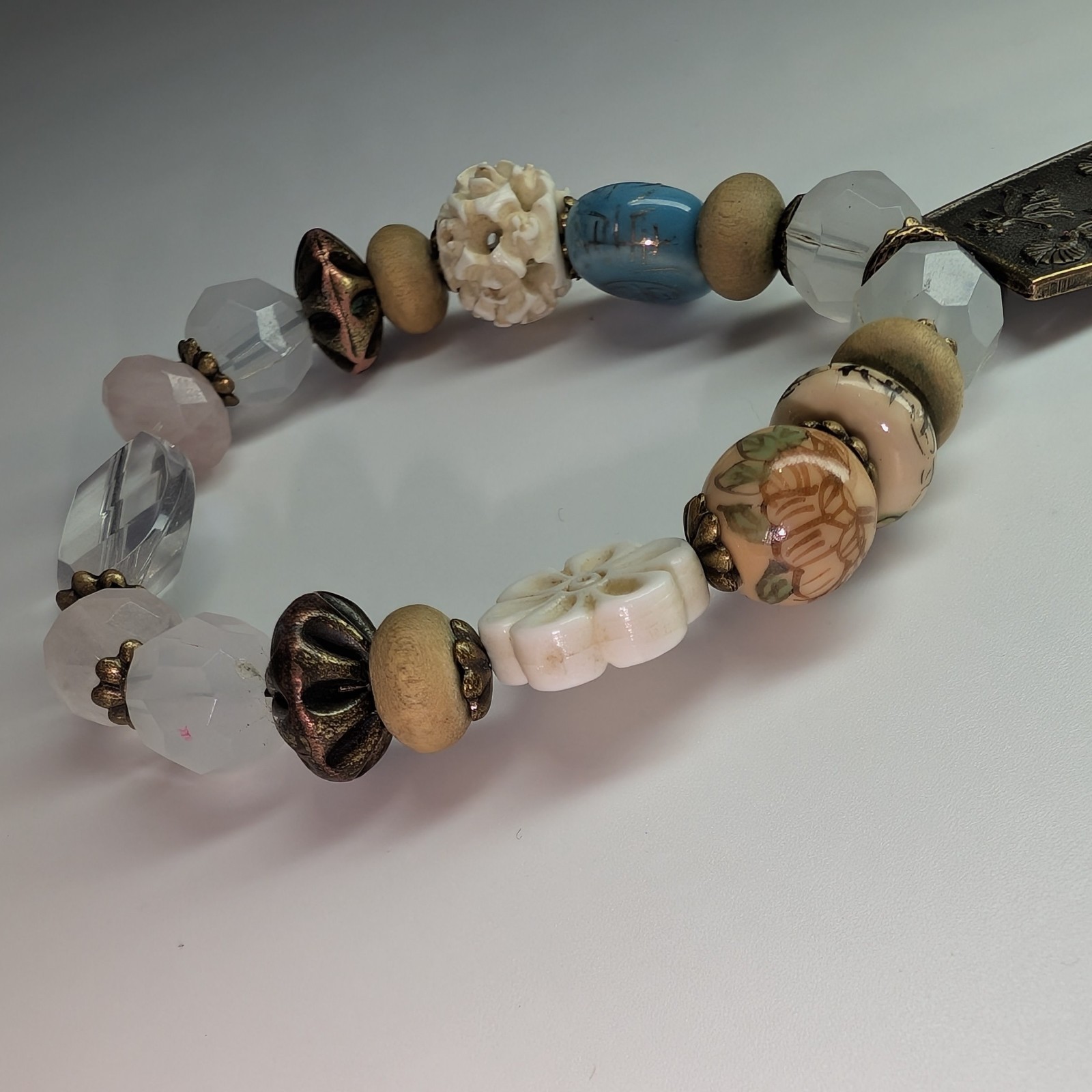 Mixed Bead Asian Pagoda Charm Bracelet, Boho Stretch Rose Quartz & Wood Beads