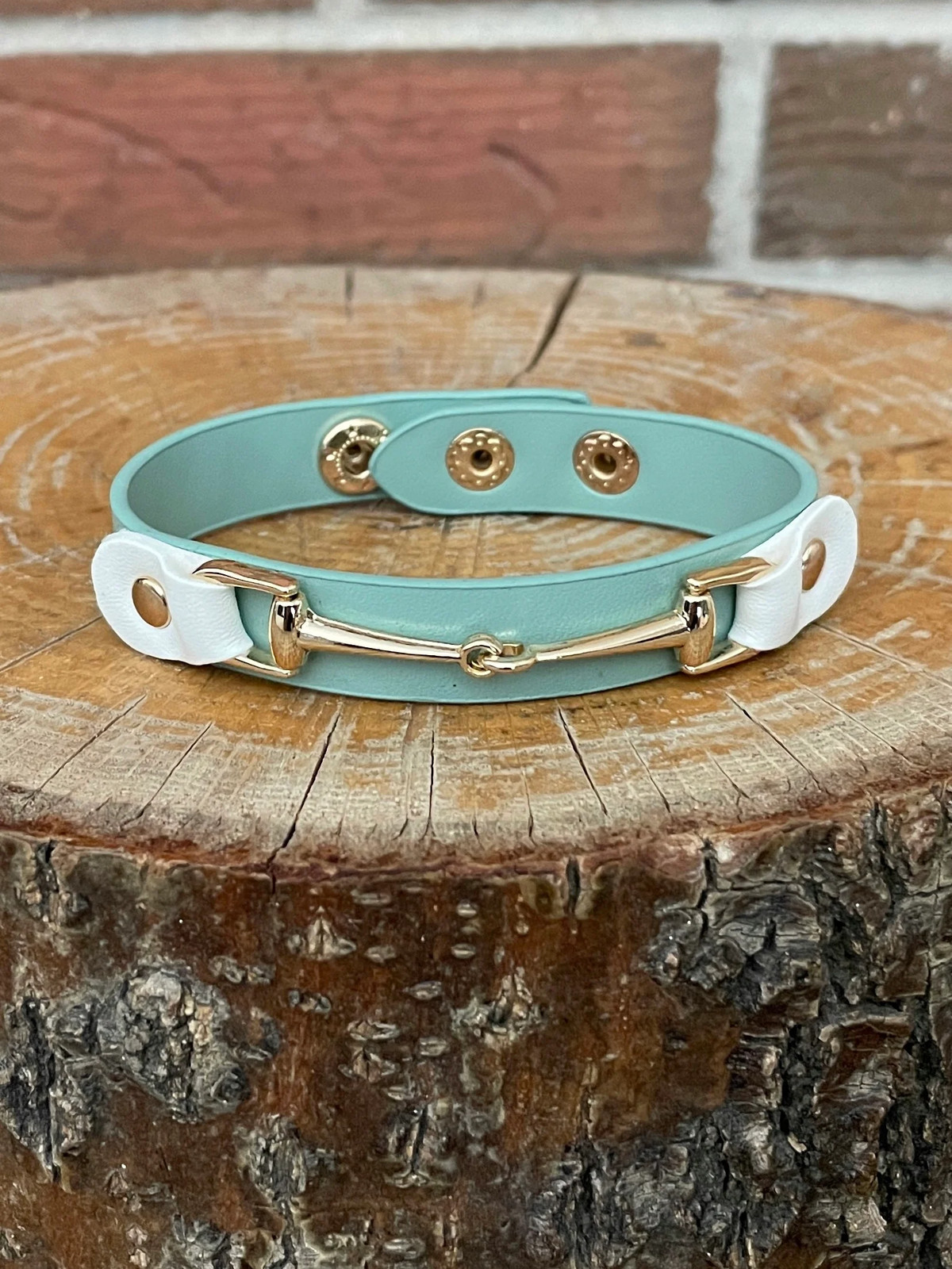 New Faux Leather Horse Bit Bracelet Gold Snaffle Mint Green Equestrian Western