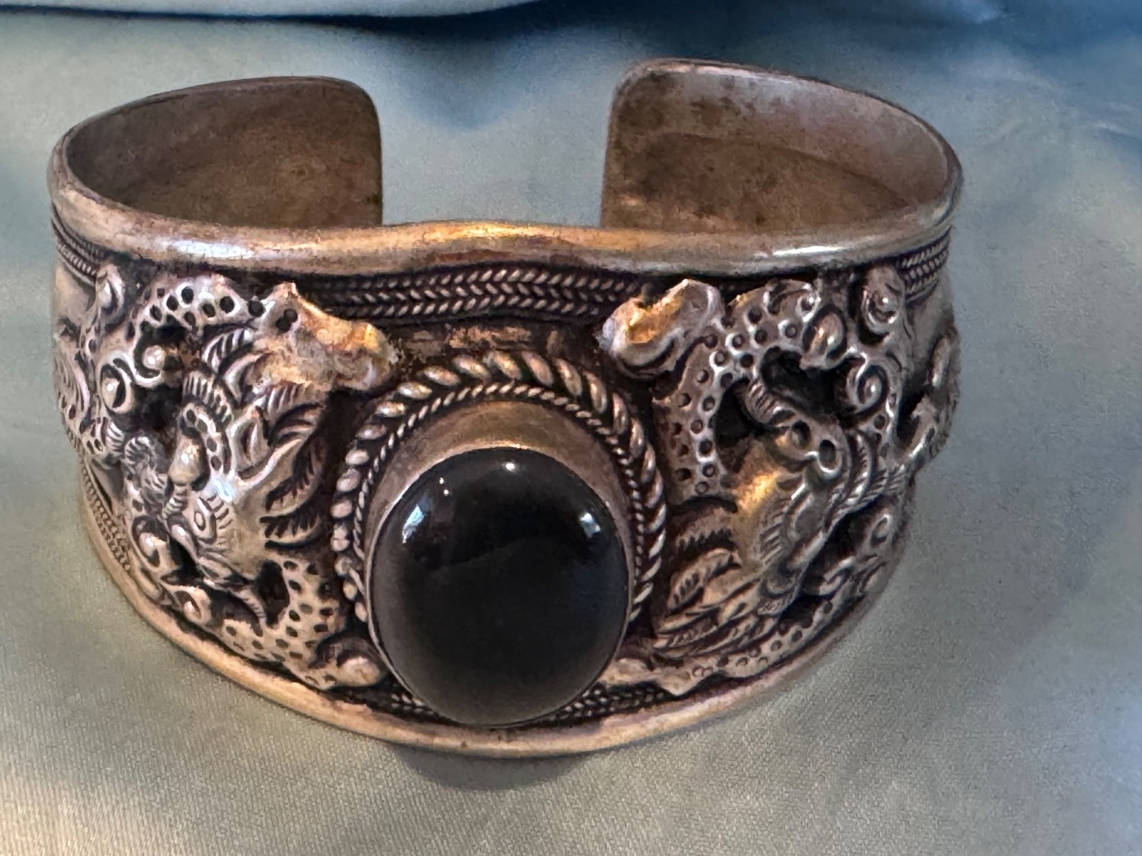 Cuff Bracelet Tibetan Nepal Silver Plated Embossed Dragons Onyx Oval Stone