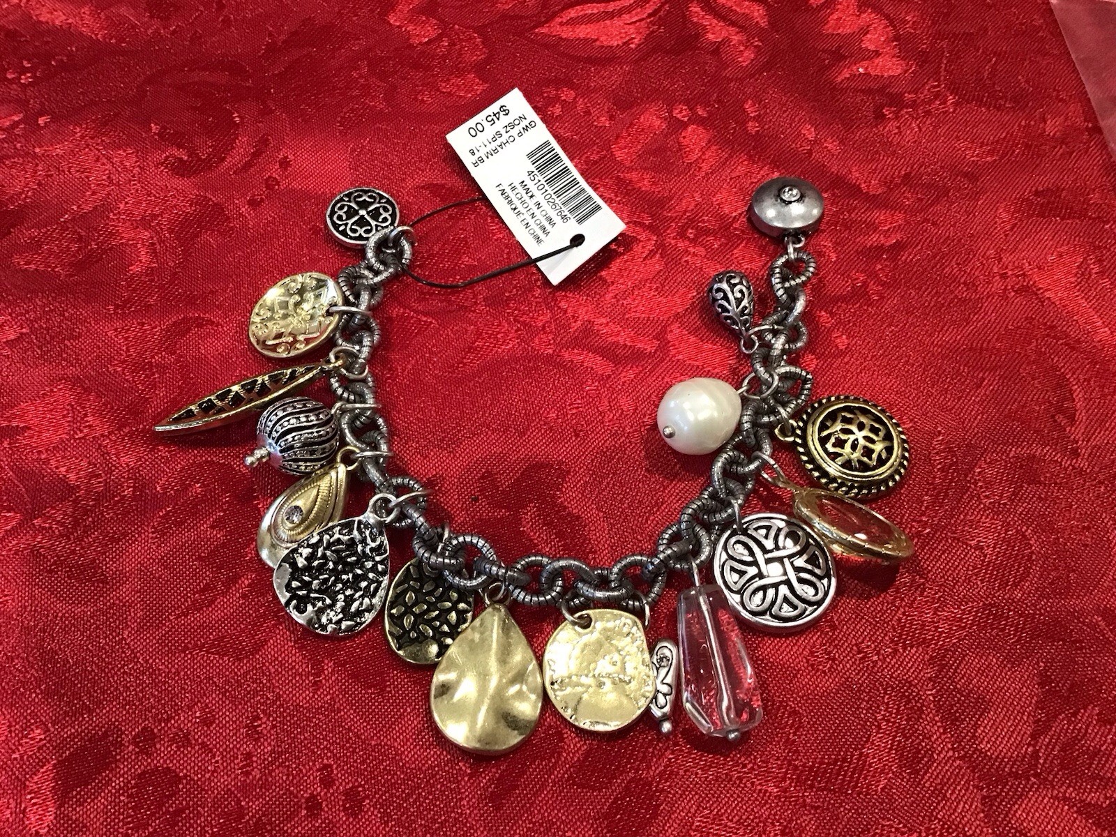 NWT~ Chico’s Charm Bracelet Silver Gold Coin Beads Crystals Magnetic Closure