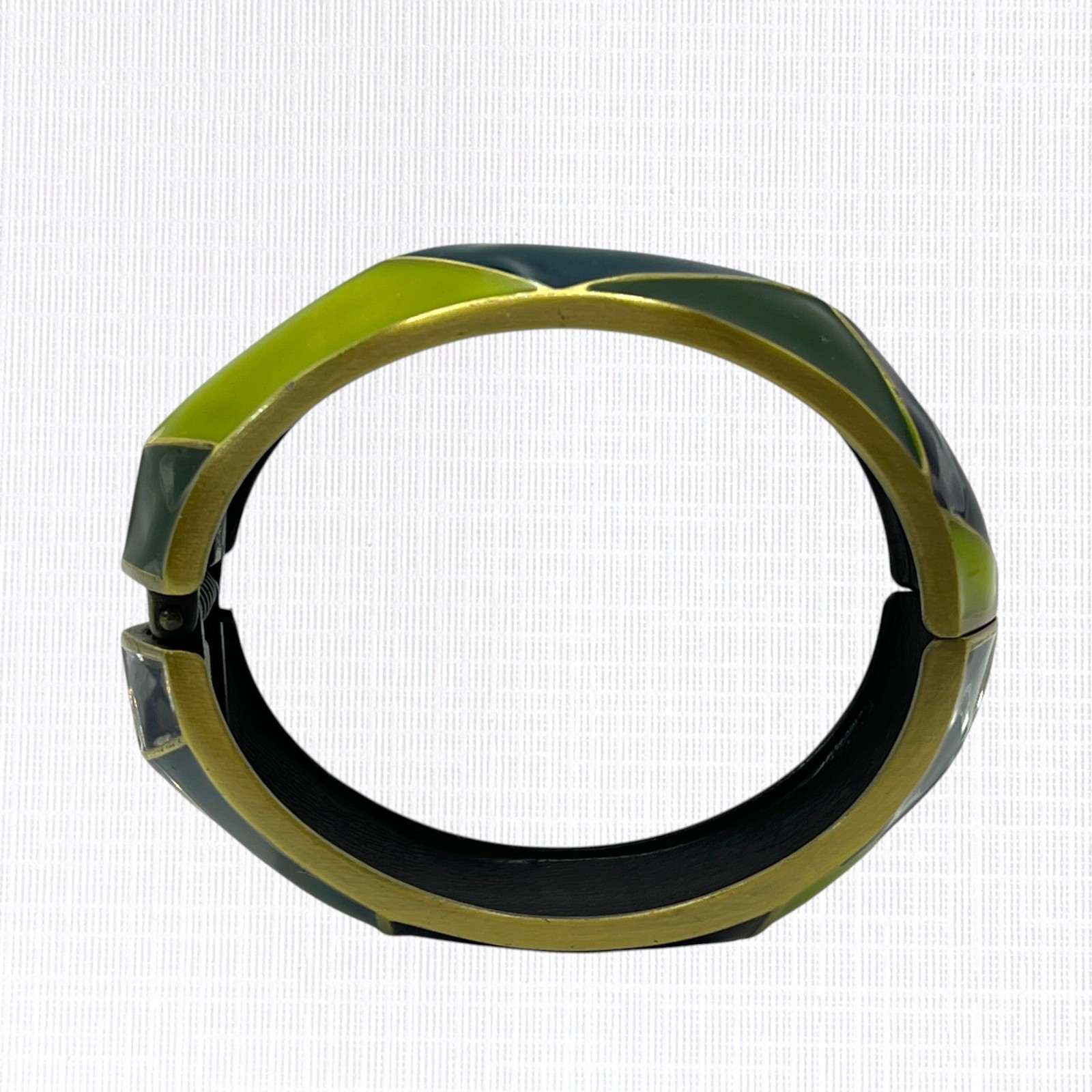 Vintage Geometric Enamel Bangle Bracelet Hinged Blue Green Clamper Artsy 1″ Wide