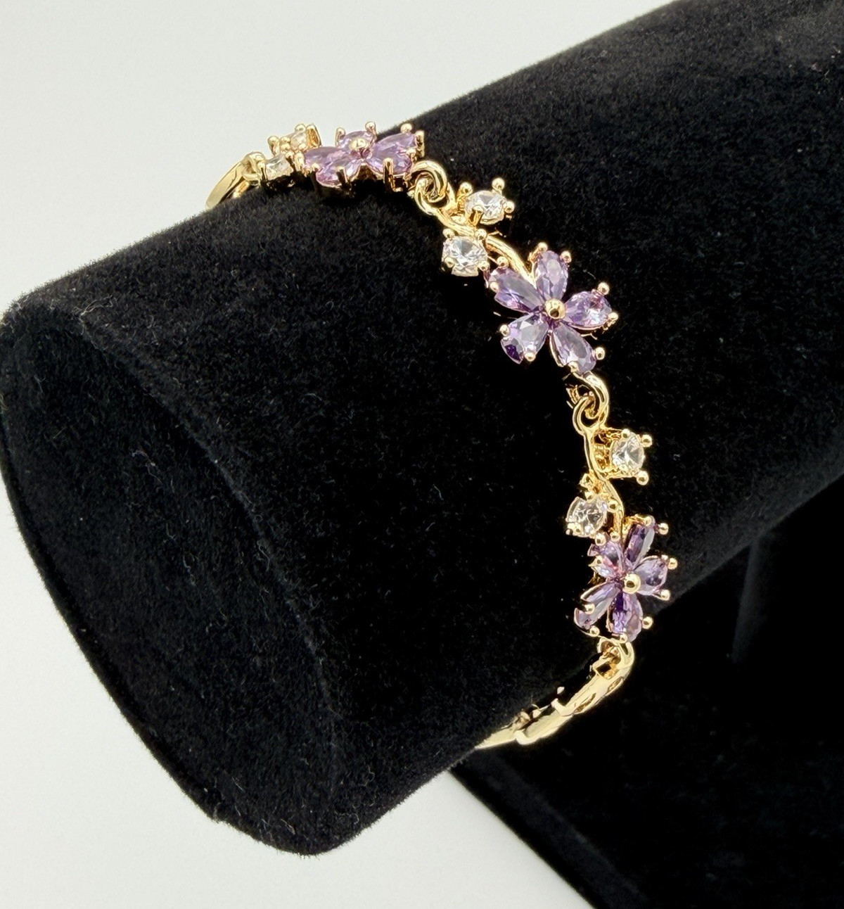 18K Gold Filled Bracelet w/ Purple & White Crystals – 7 Inches New