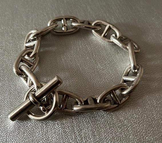 Heavyweight Anchor Chain Bracelet, Silver Bangle, Toggle Clasp, Vintage Style.