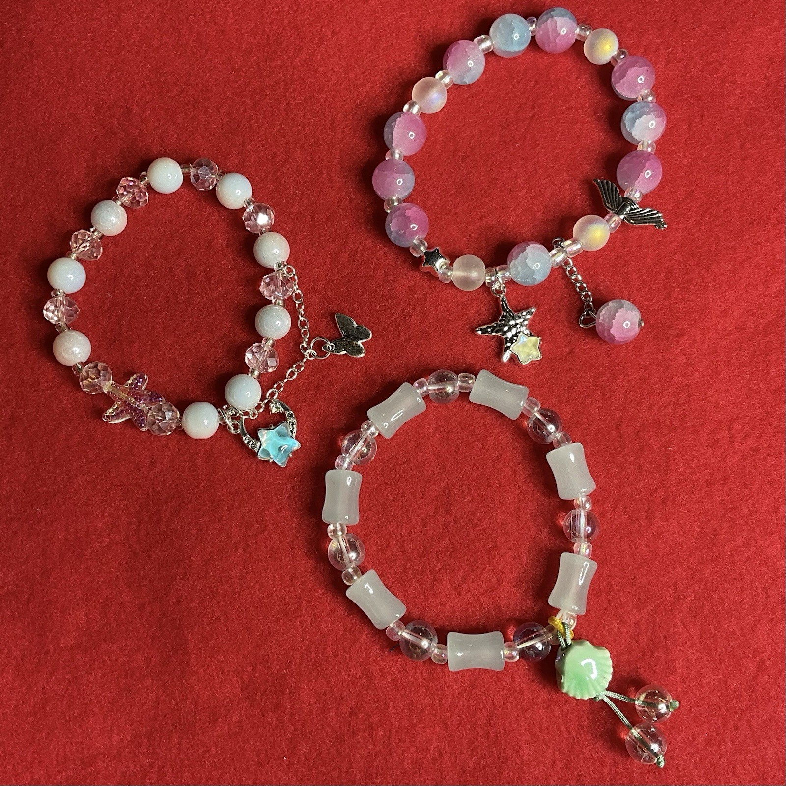 Beaded (Glass) Stretch Bracelets with Charms – Set of 3 – (Style: 023) – NEW