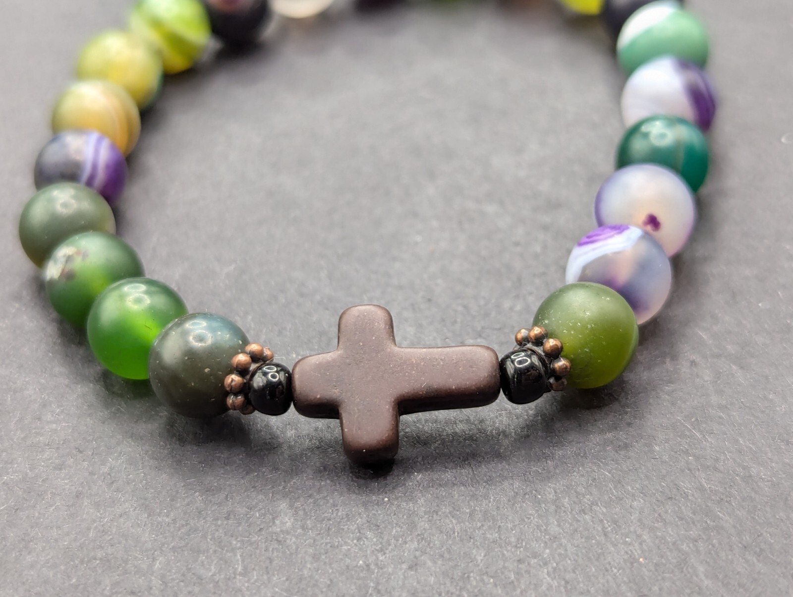 Women’s Cross Focal Colorful Agate Beaded Stretch Bracelet (17cm) S/M Wrist