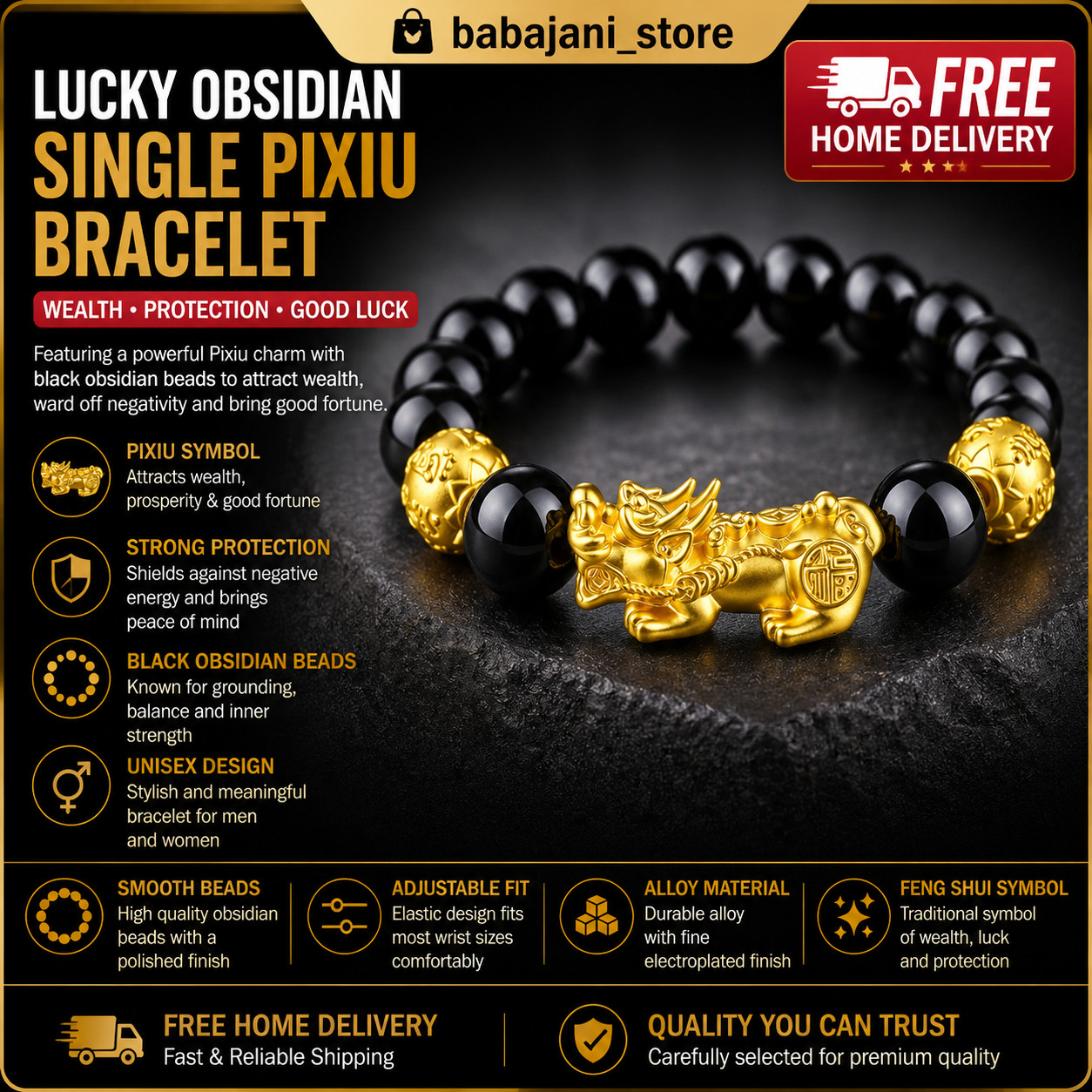 Feng Shui Black Obsidian Beads Bracelet Attract Wealth & Good Luck Bangle pixiu