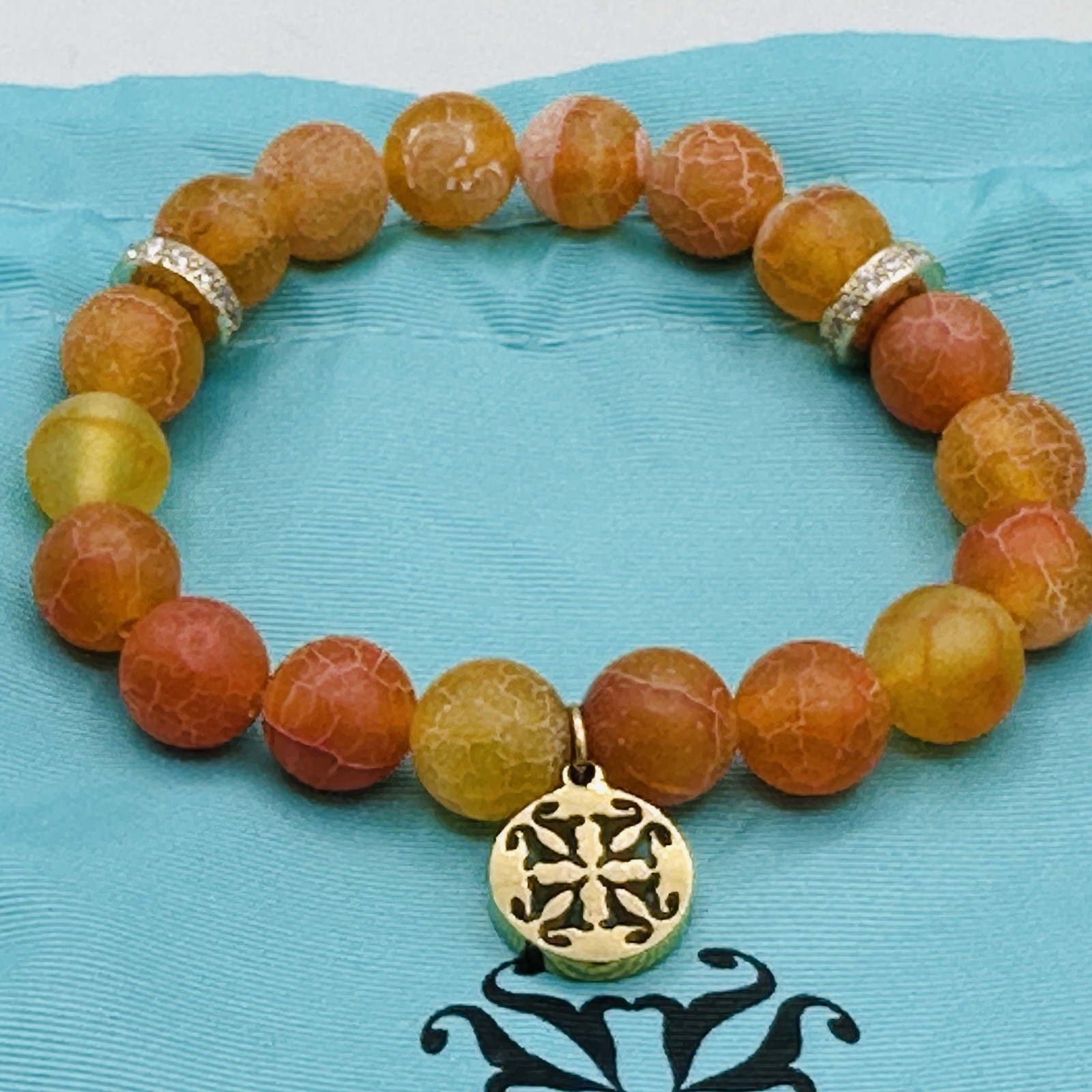 Rustic Cuff Summer Sunset Bracelet Stack 5 Pc Orange Blue Crystal Charm