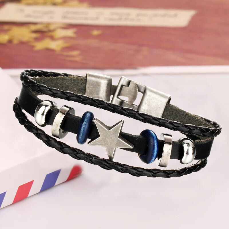 Multilayer Leather Bracelet Braided Men Women Wristband Bangle Jewelry Steel US