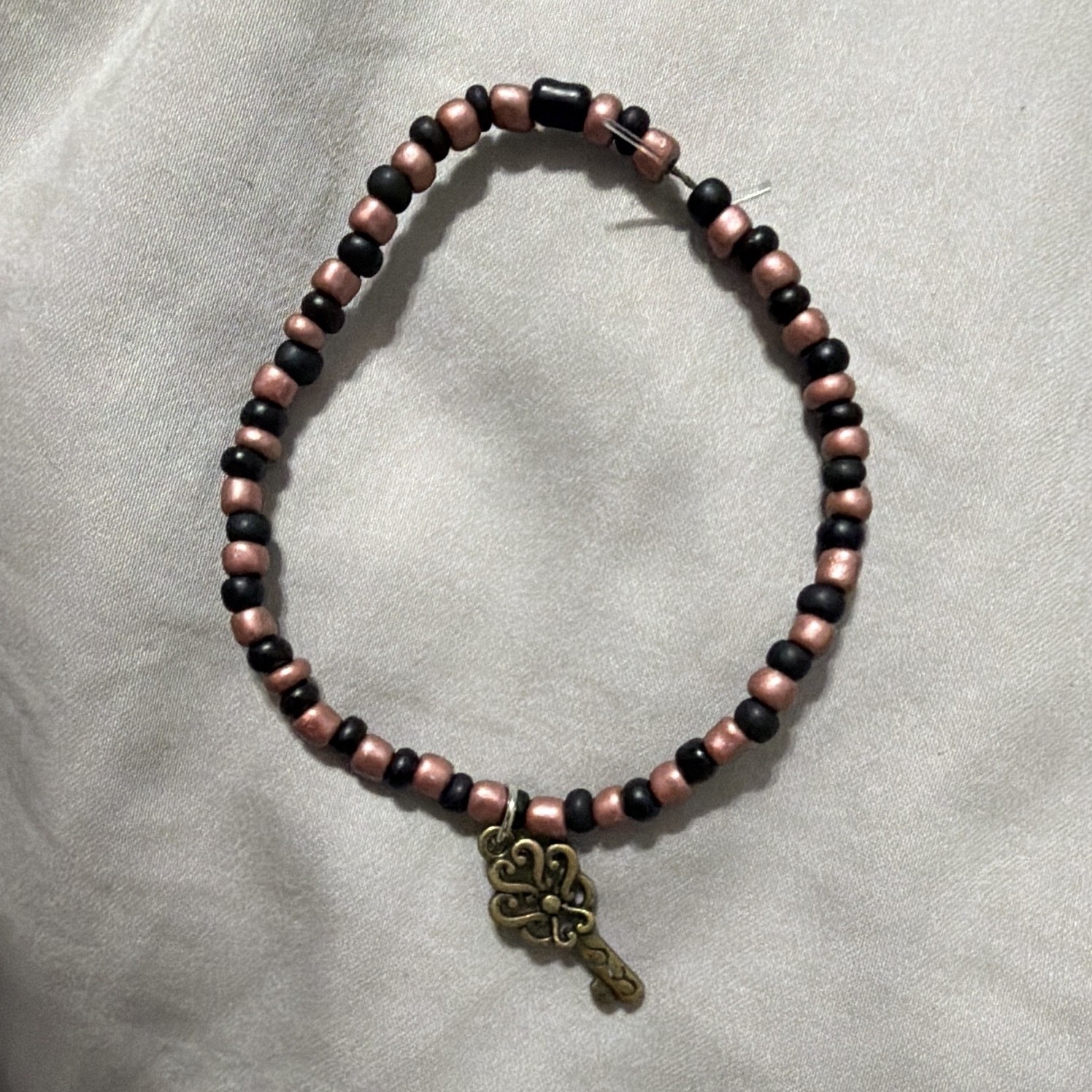Black & Bronze Glass Beaded Charm Bracelet, Slide Closure Ball/Bead Chain