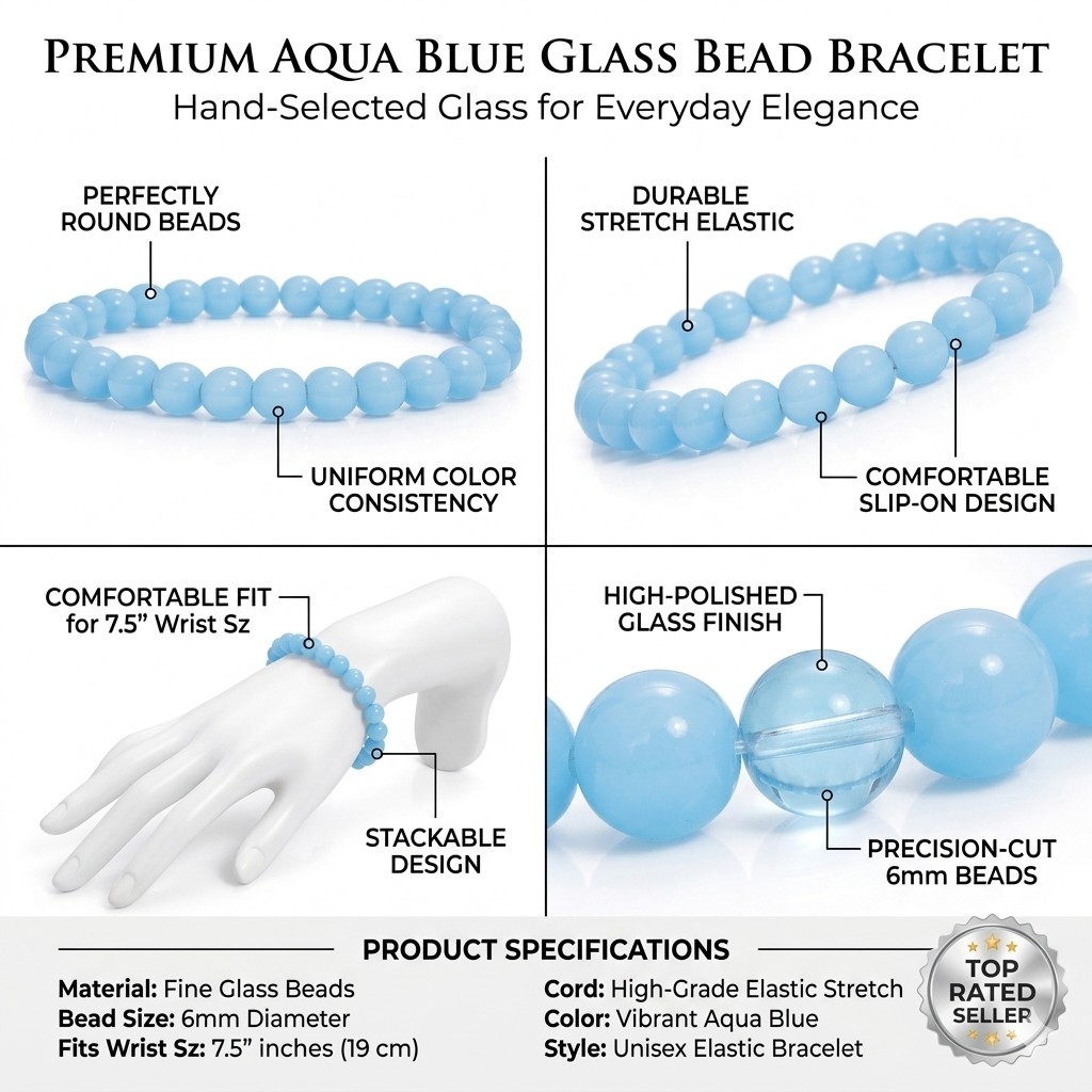 Aquamarine Blue Glass Bead Bracelet 6mm Stretch 7.5 Inch Women Men Jewelry Gift