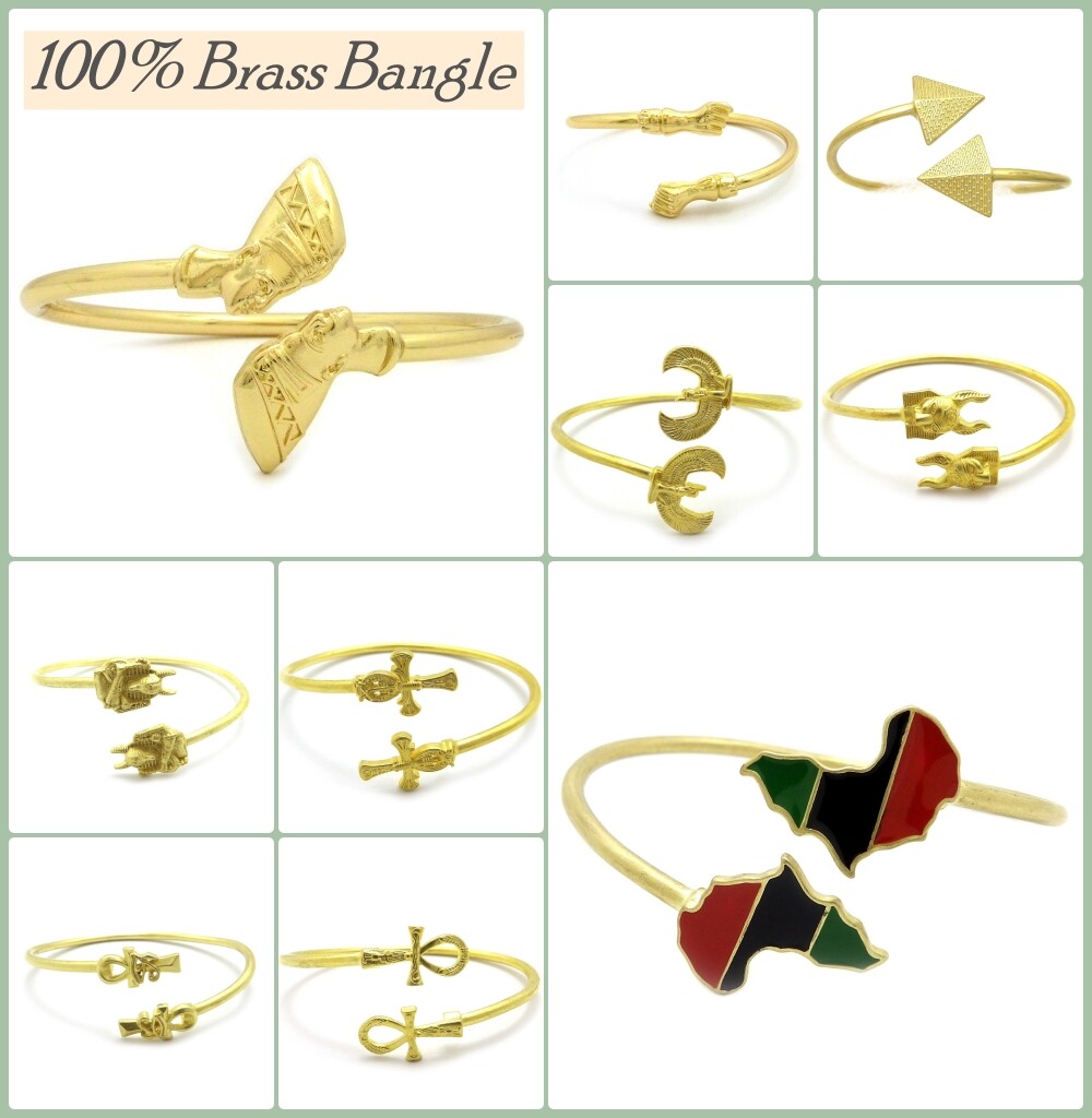 Solid 100% Brass Egypt Nefertiti, Africa, Ankh Piece Open Cuff Bangle Bracelet