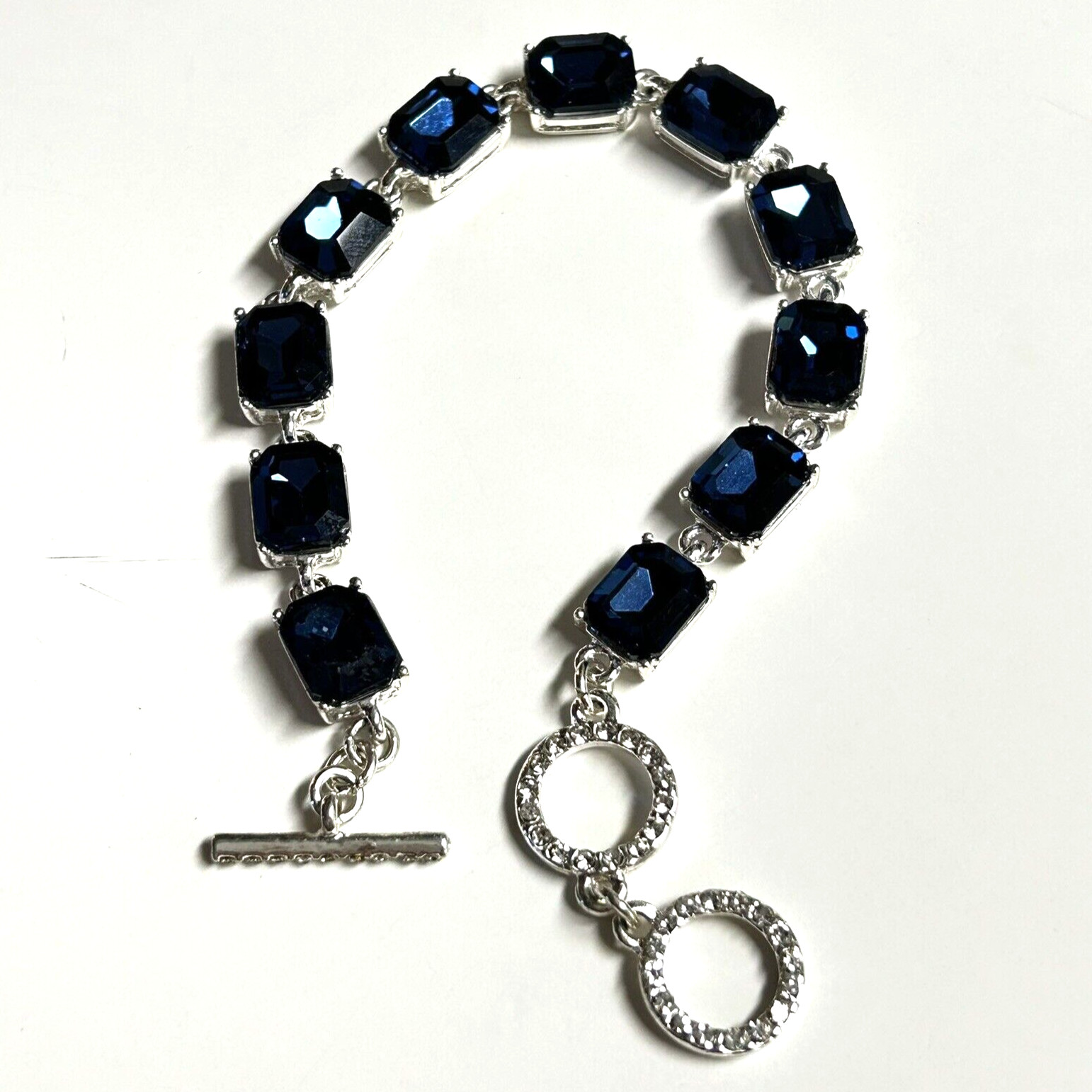 Dillard’s Emerald Cut Sapphire Costume Jewelry Bracelet Adjustable Length NICE