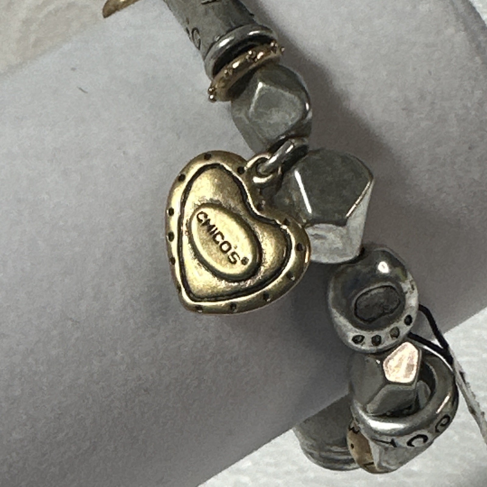 Chico’s Silver Gold Tone Beaded Charm Bracelet Cat Heart Dangle Signed