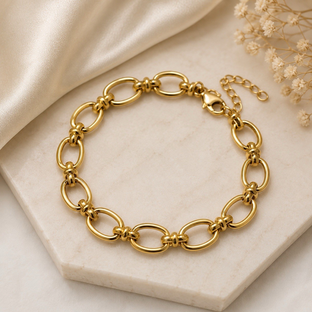Gold Plated Metal Oval Link Chain Adjustable Bracelet Lobster Clasp