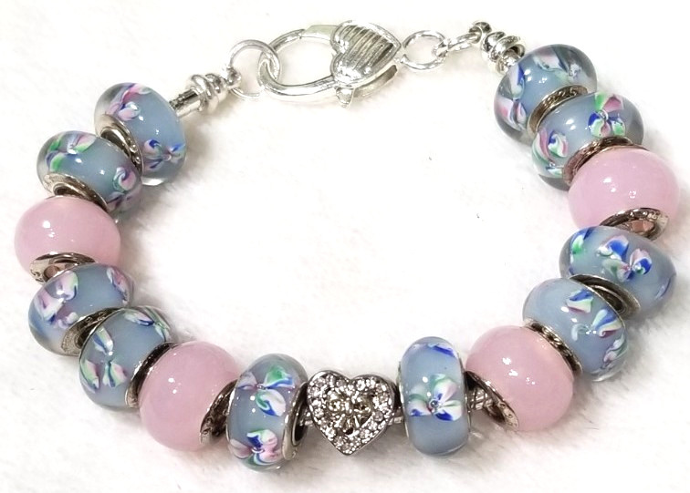 7.9″ Heart Bow Slider Charm Flower Murano Lampwork Glass Beads Spacers Bracelet