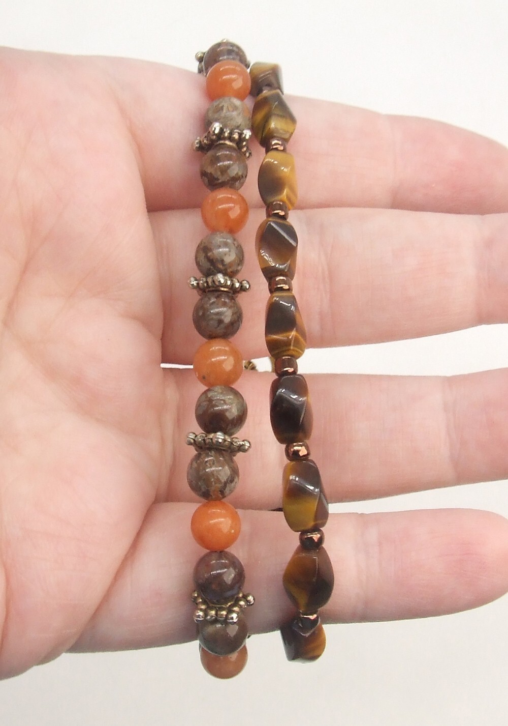 2 Gemstone Bead Bracelets Orange & Brown Agate/Cats Eye & Bronze Gold Heart Hook