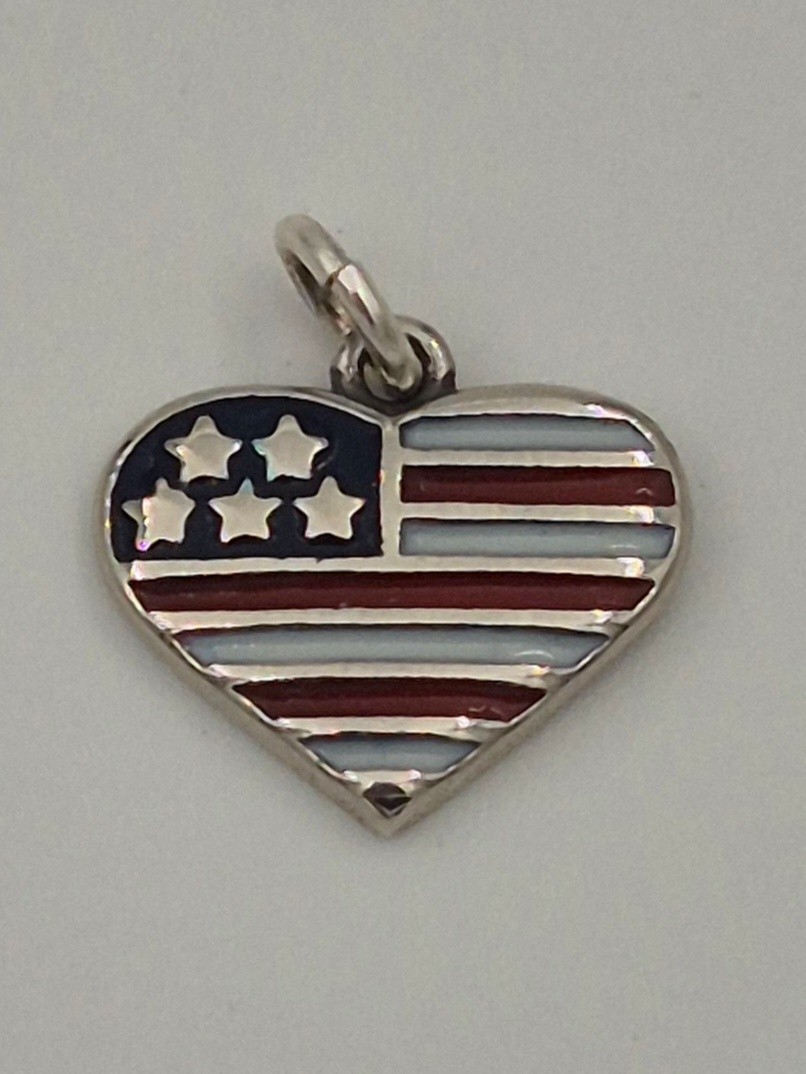 United States Flag Charm Pendant 925 Sterling Silver Enamel US Heart charm .925