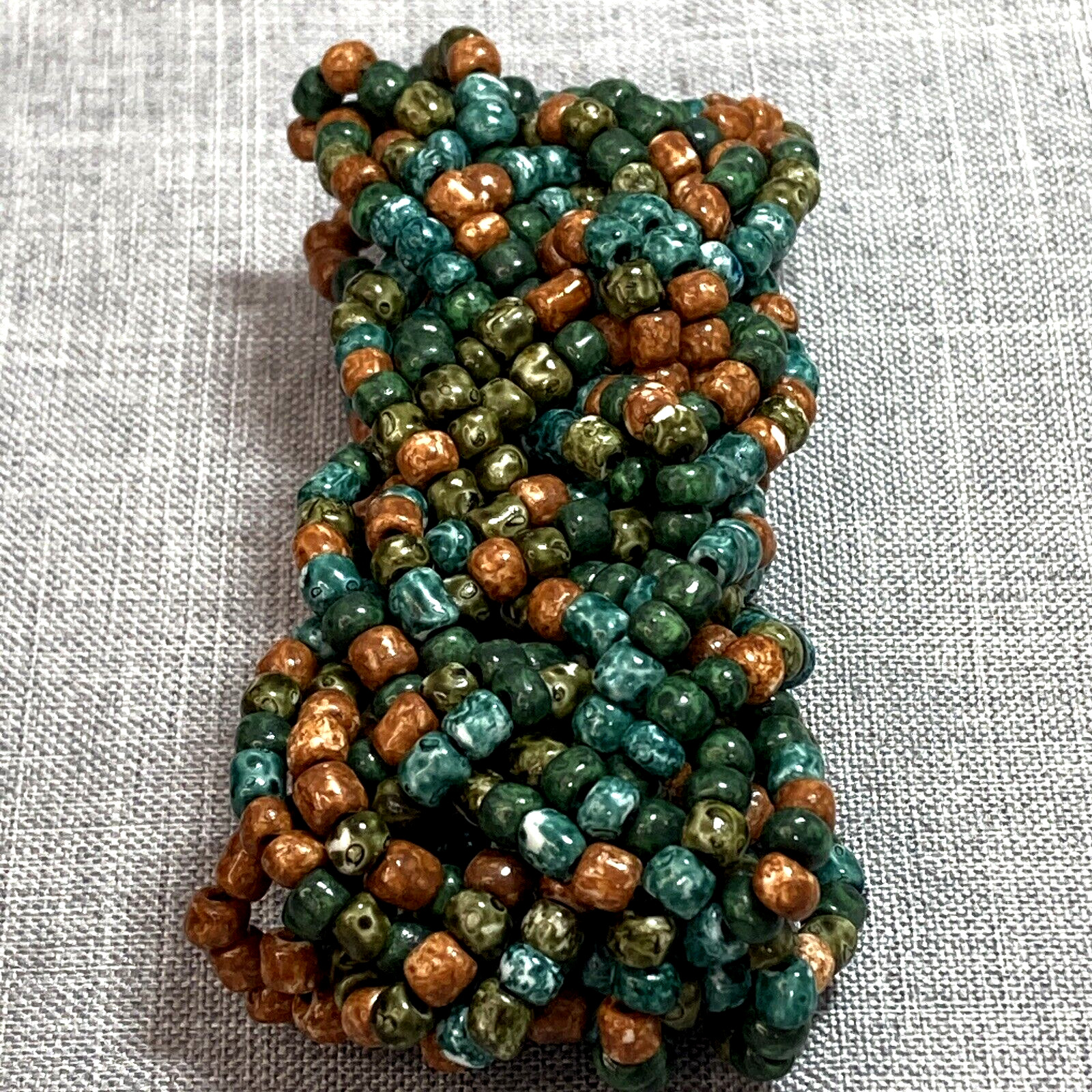 Braided Beaded Multi Band Stretch Bracelet Green Brown Orange