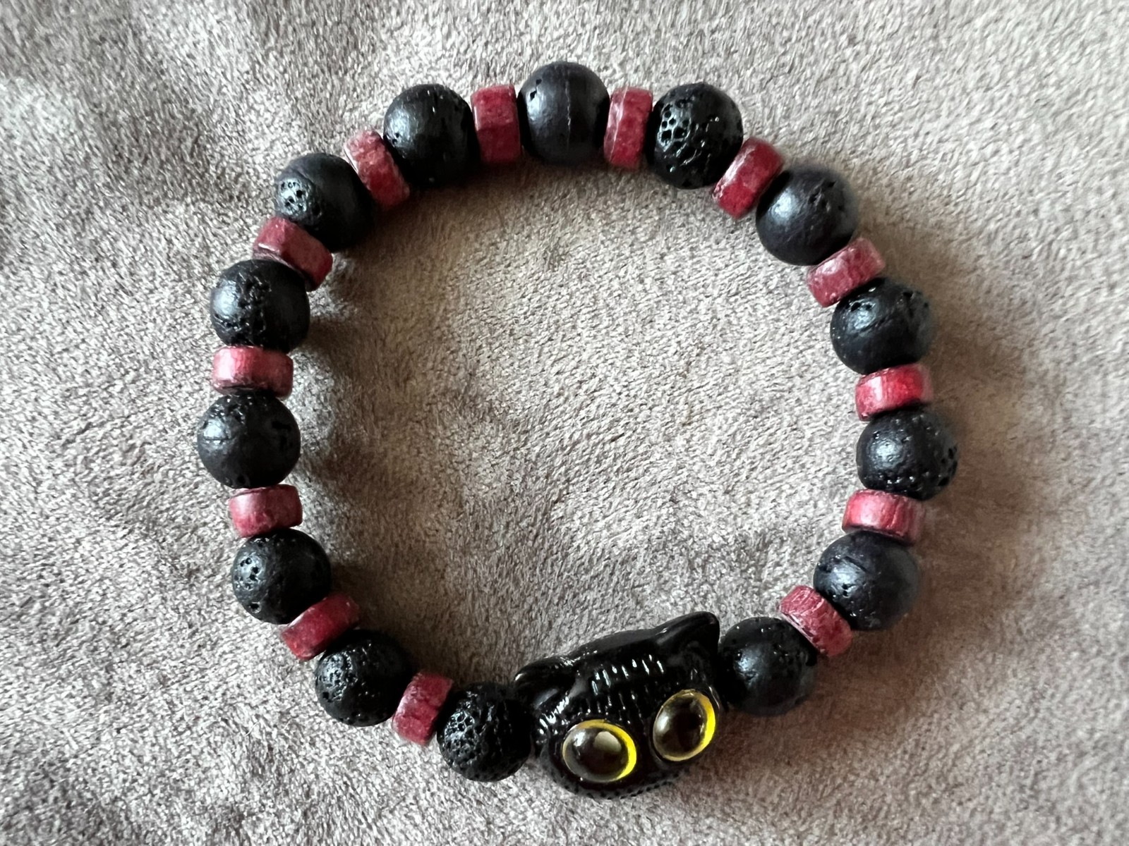 handmade elastic unisex unique vulcan stone beads & red wood accent bracelet